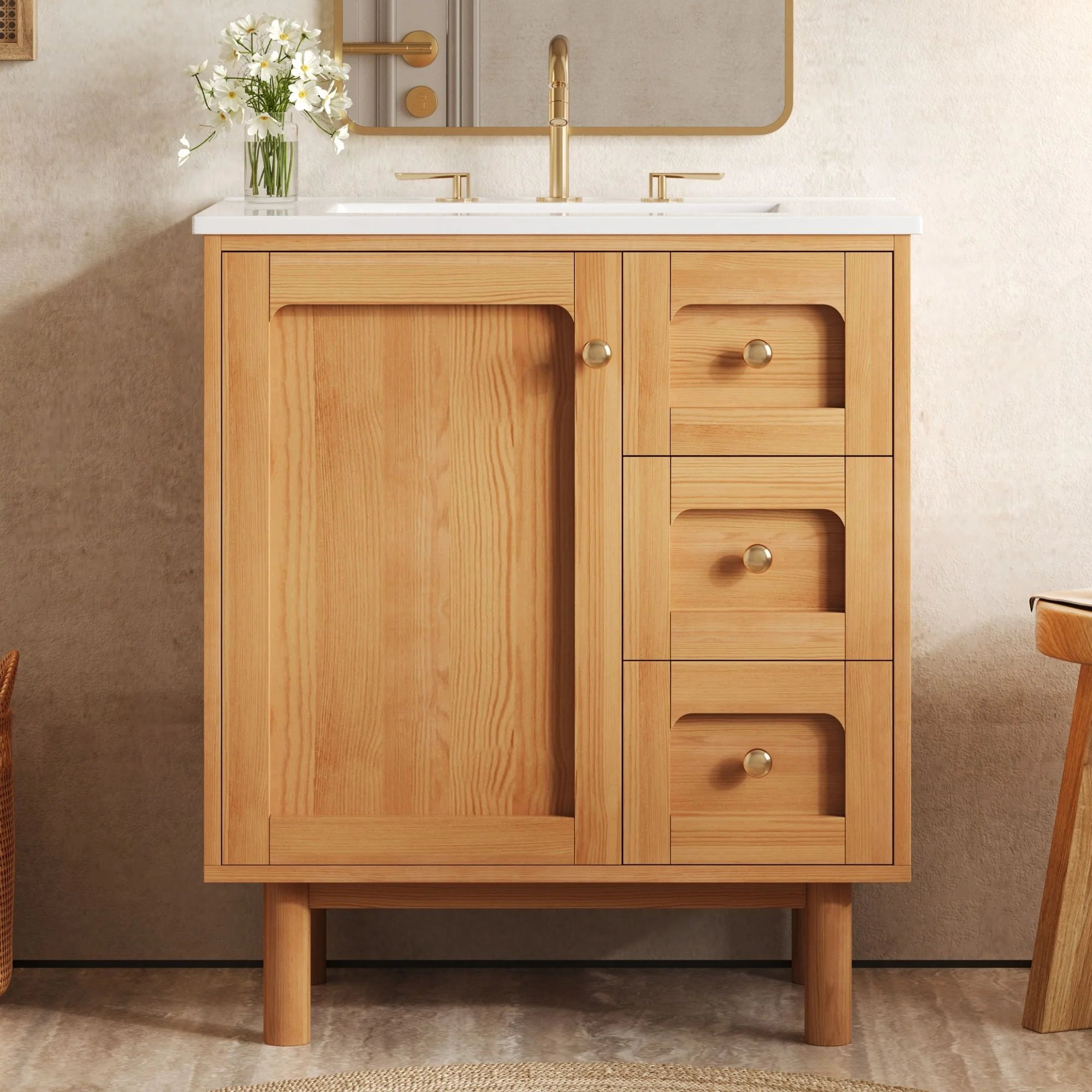 Bathroom Vanity With Sink, 3 Drawers, Soft Close Door - Natural Wood - Image 6