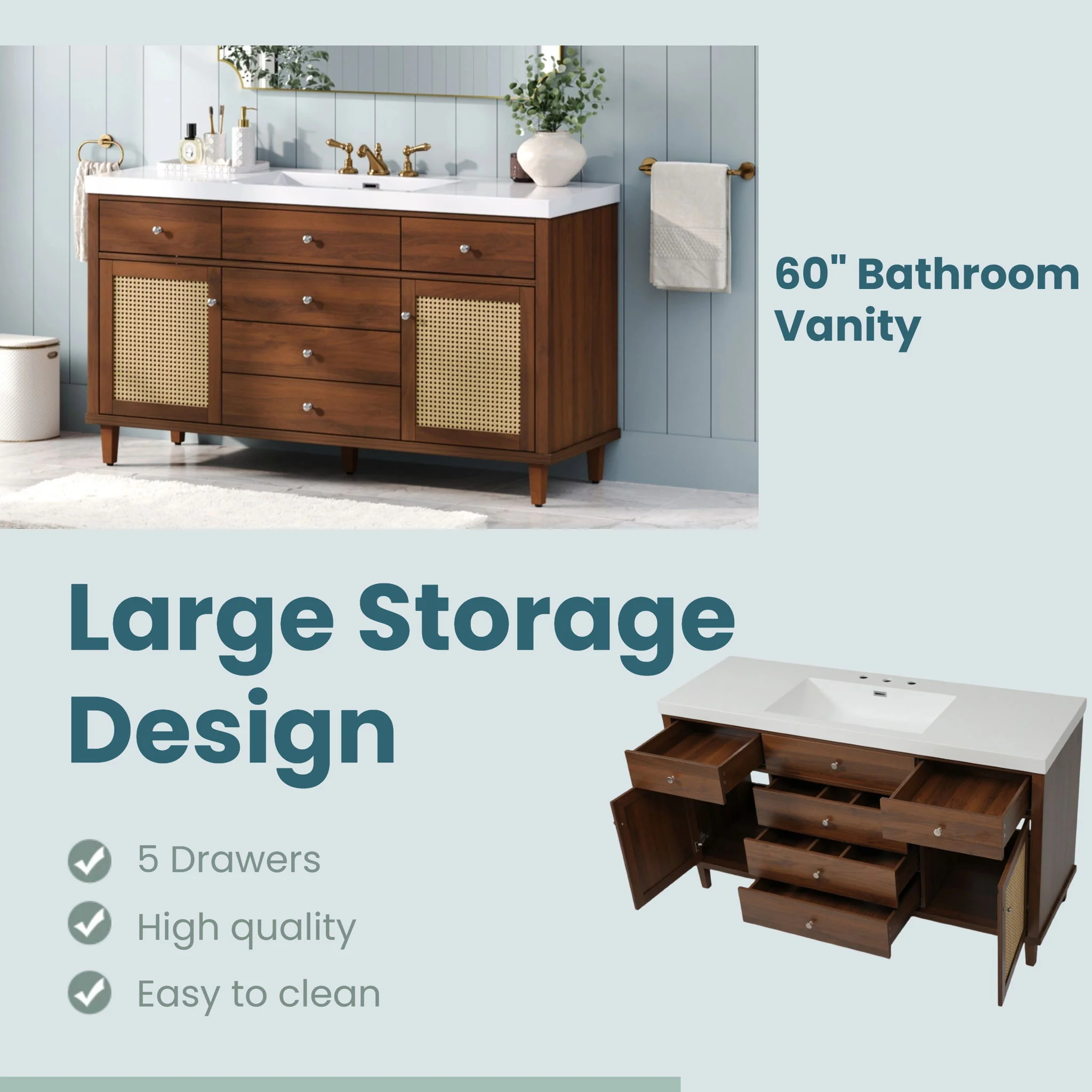 Bathroom Vanity With Sink, 5 Legs, Soft Close Drawers - Image 6