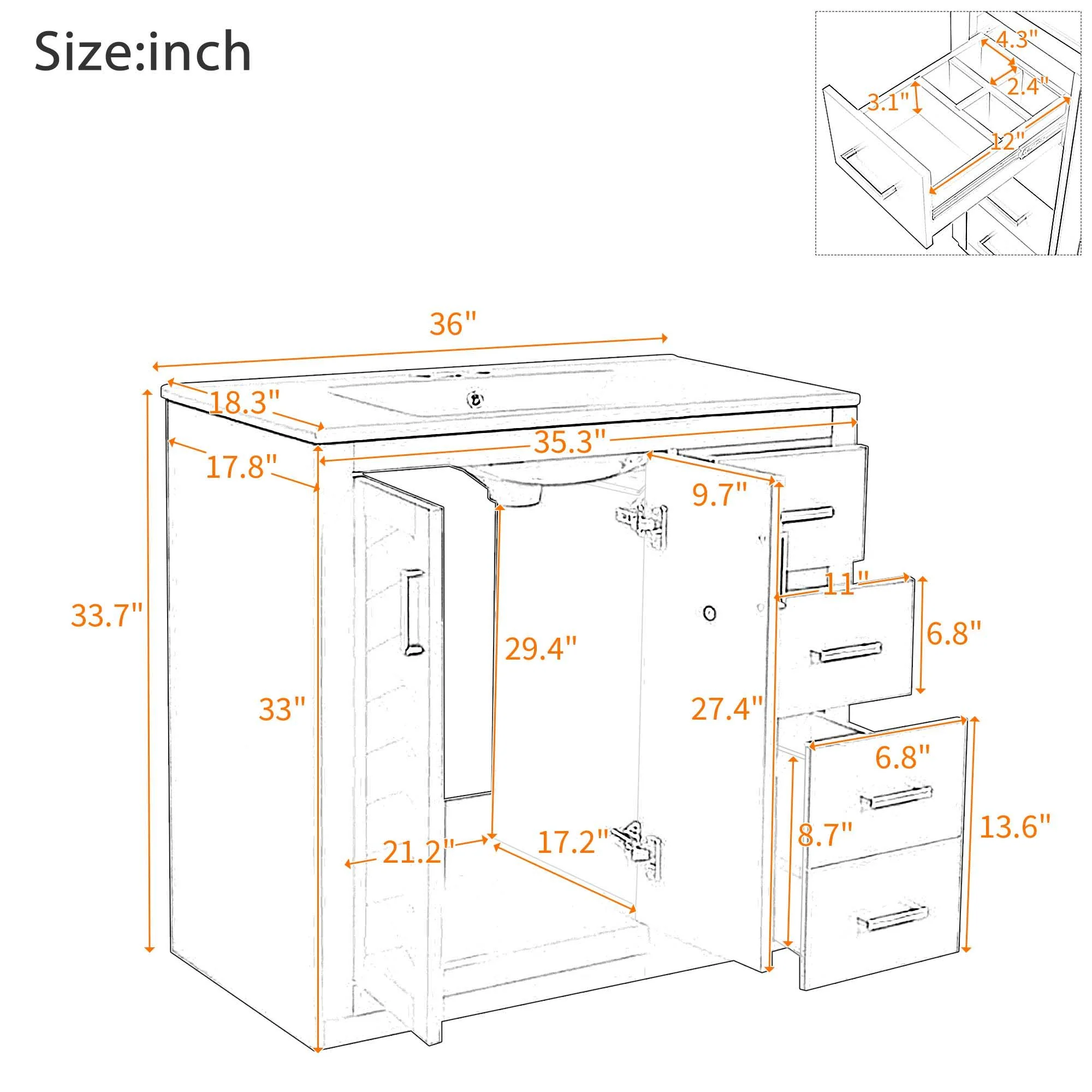 Bathroom Vanity With Sink Combo, Storage Cabinet, Freestanding Set With 3 Drawers & Soft Closing Doors - Image 21
