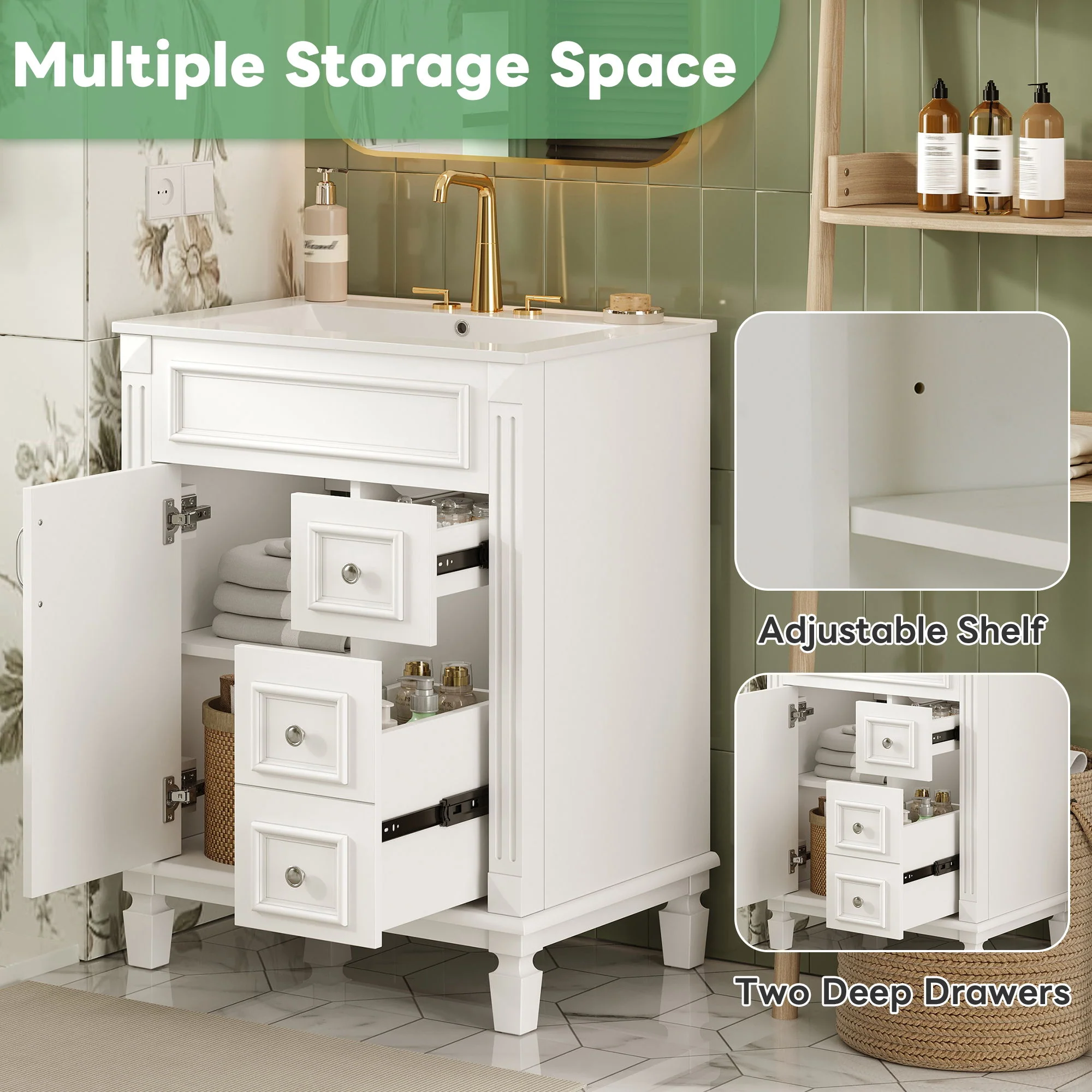Bathroom Vanity With Sink, Compact Cabinet & 2 Drawers And Adjustable Shelf - Image 39