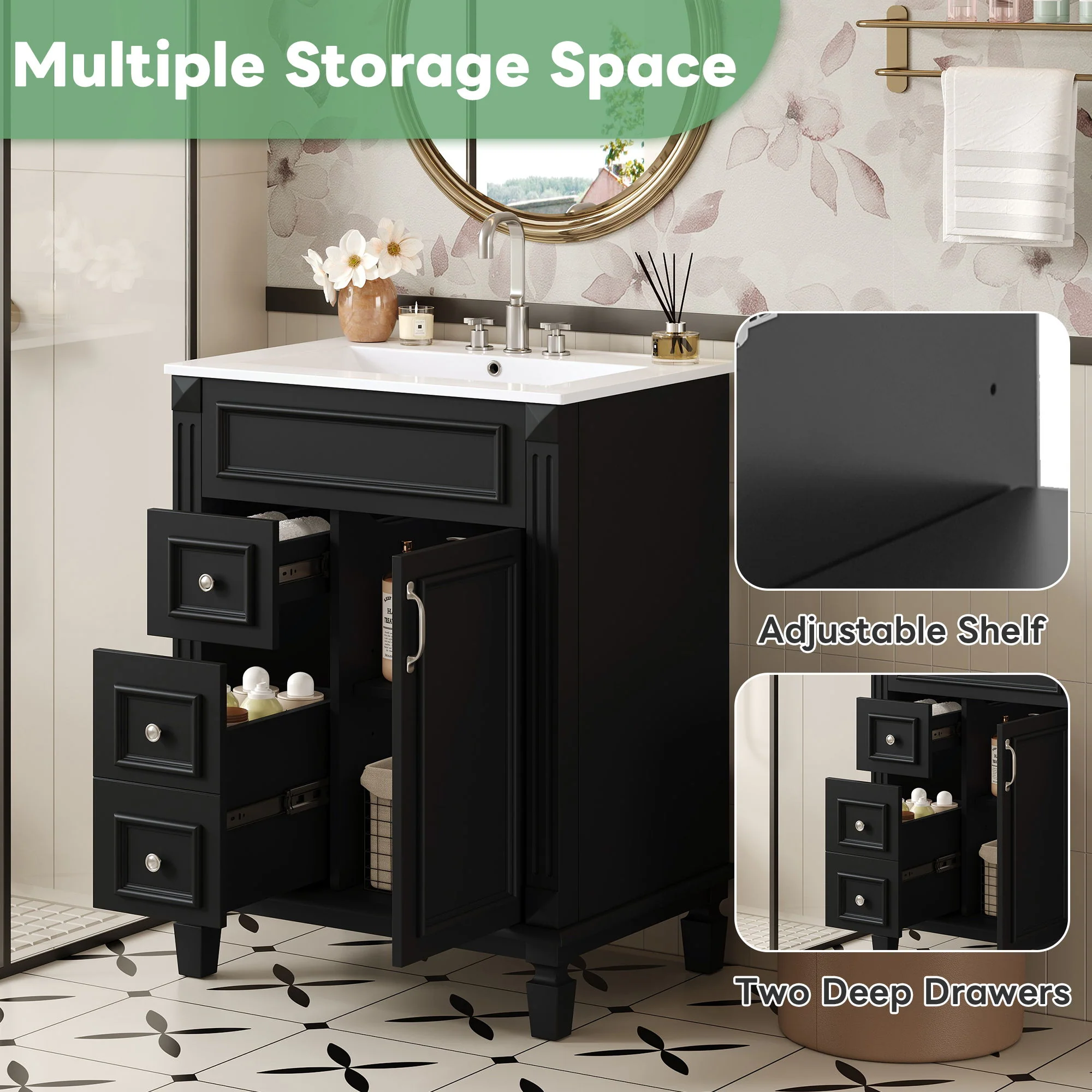 Bathroom Vanity With Sink, Compact Cabinet & 2 Drawers And Adjustable Shelf - Image 52