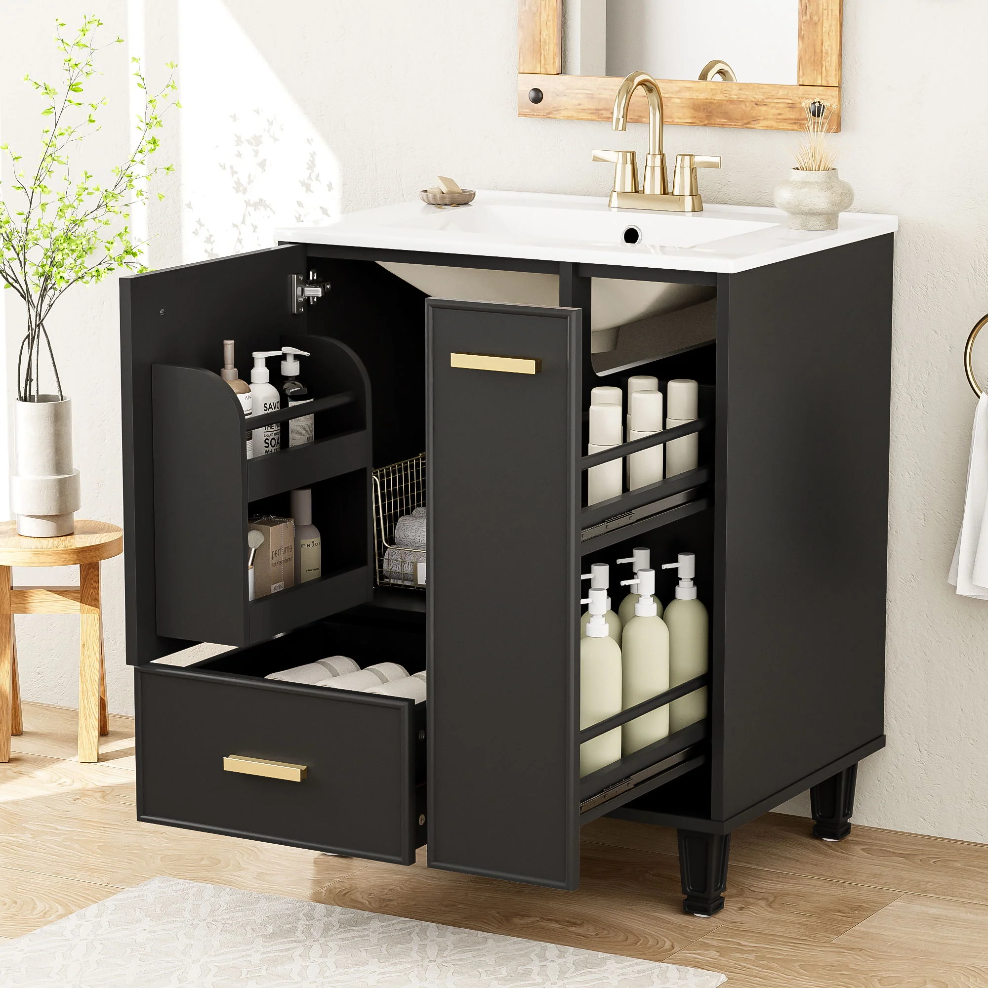 Bathroom Vanity With Sink, Deep Drawer, Door Shelf, 2 Tier Basket - Image 11