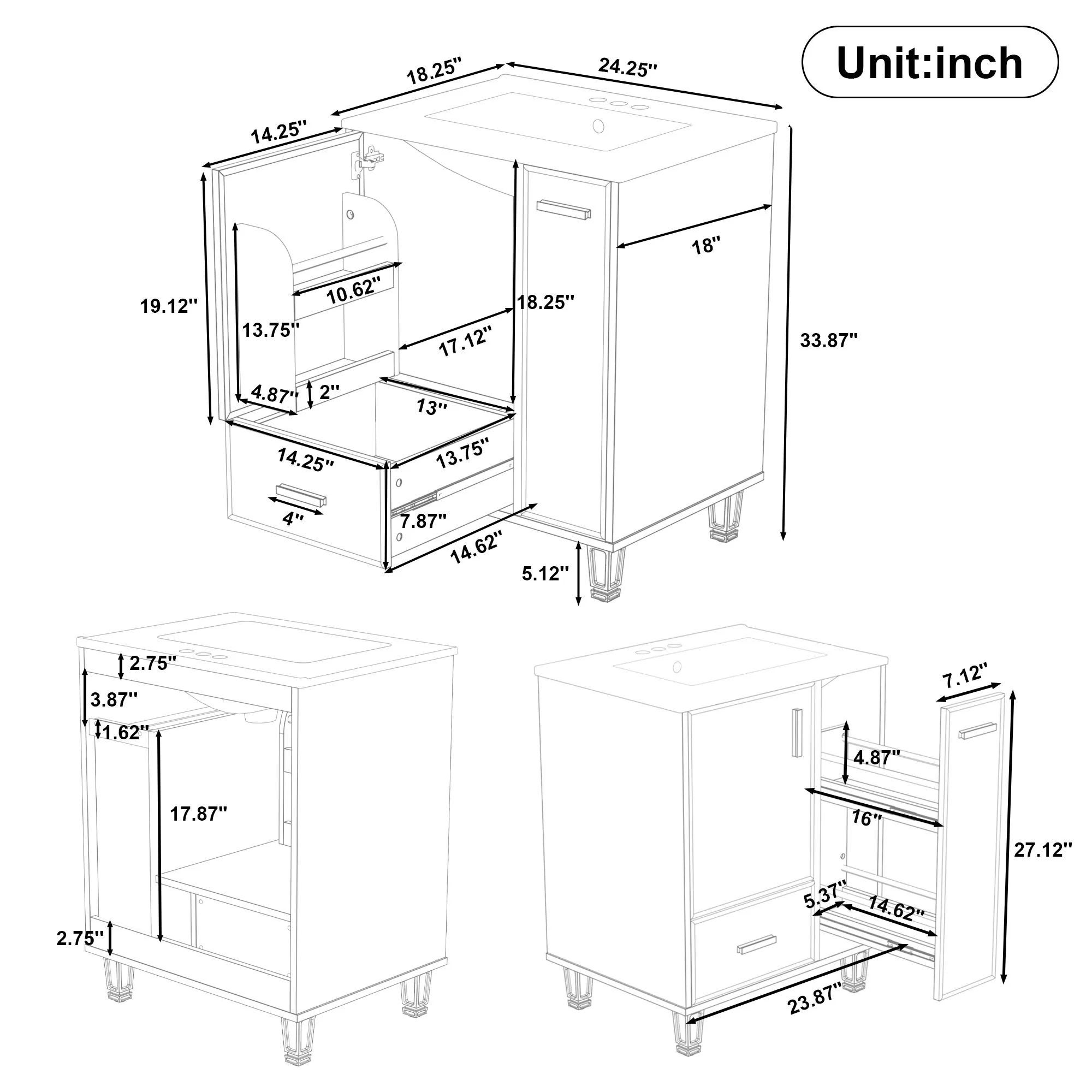 Bathroom Vanity With Sink, Deep Drawer, Door Shelf, 2 Tier Basket - Image 24