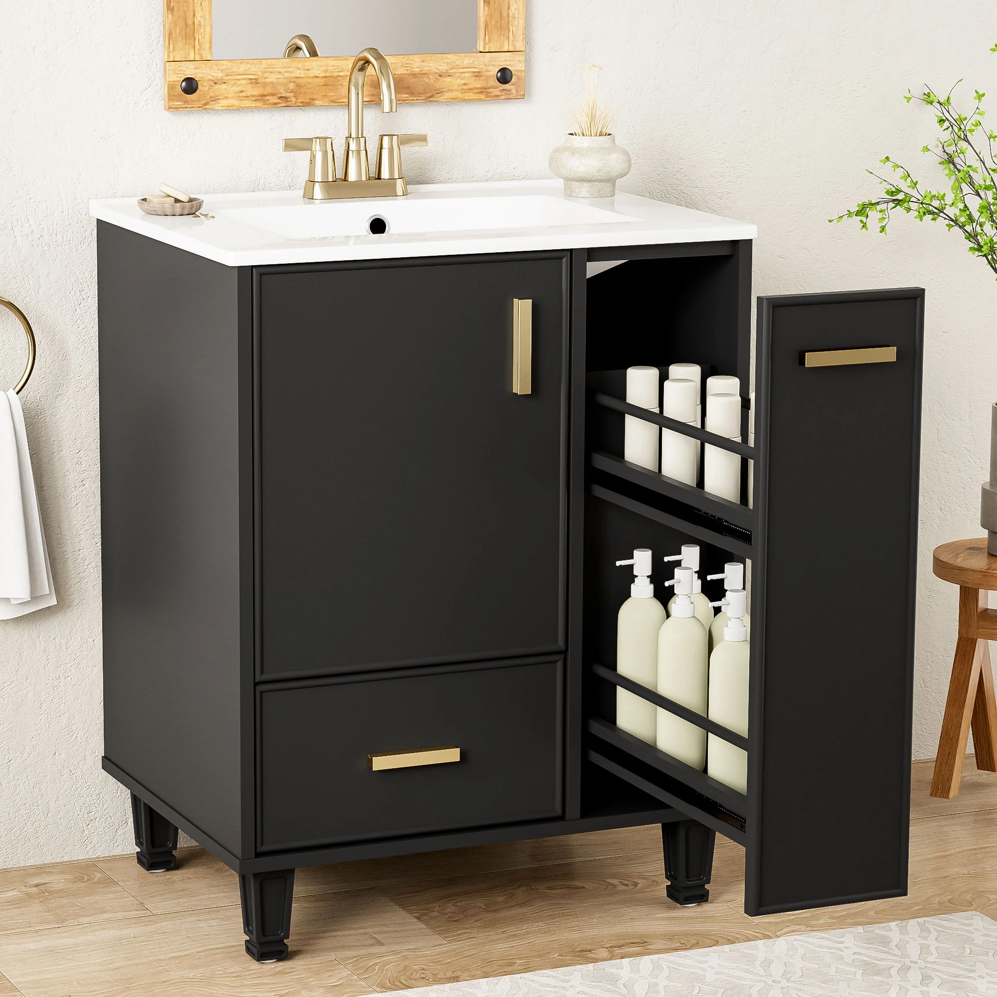 Bathroom Vanity With Sink, Deep Drawer, Door Shelf, 2 Tier Basket - Image 8
