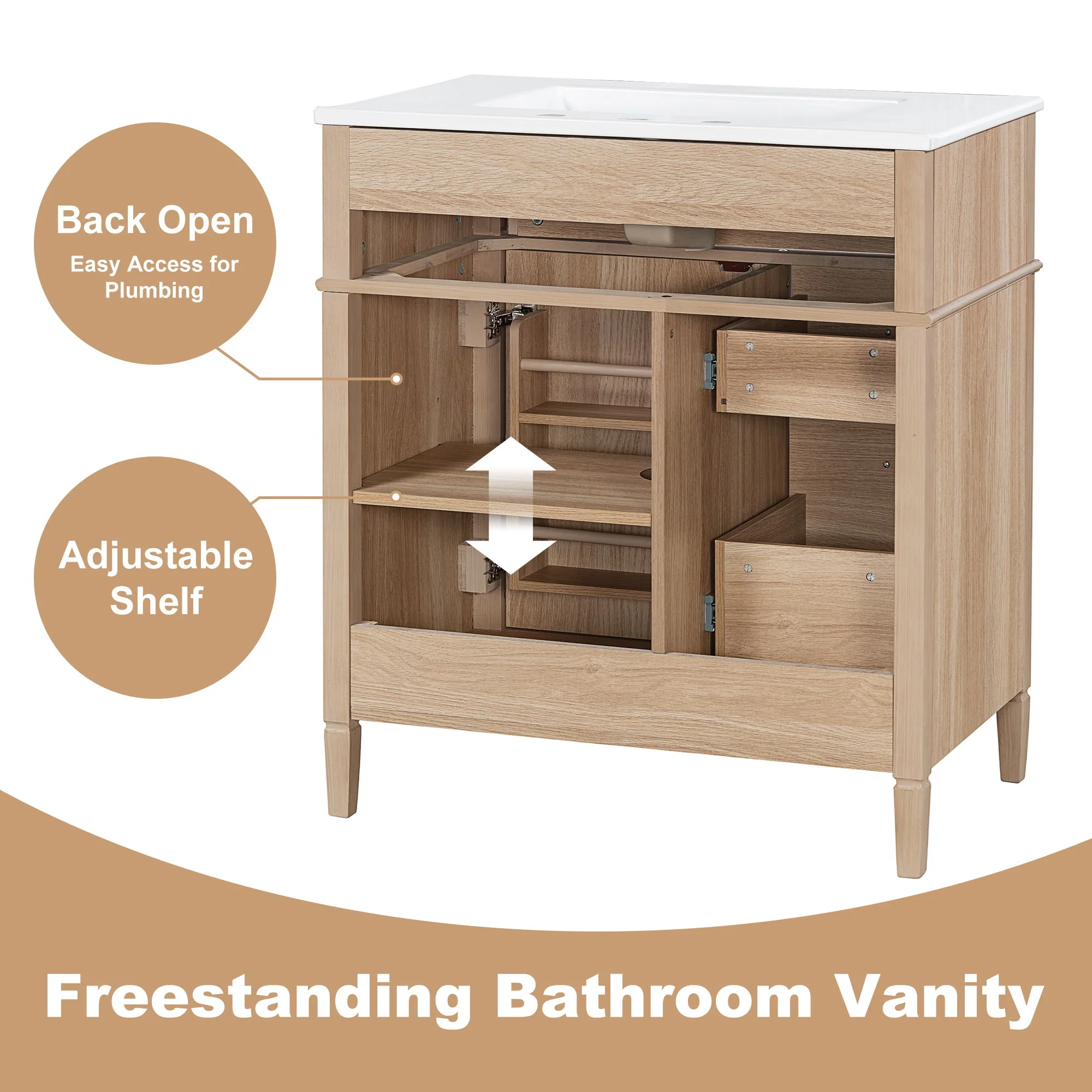 Bathroom Vanity With Sink, Flip Out Drawer, 2 Soft Close Drawers, 1 Soft Close Door - Wood - Image 2