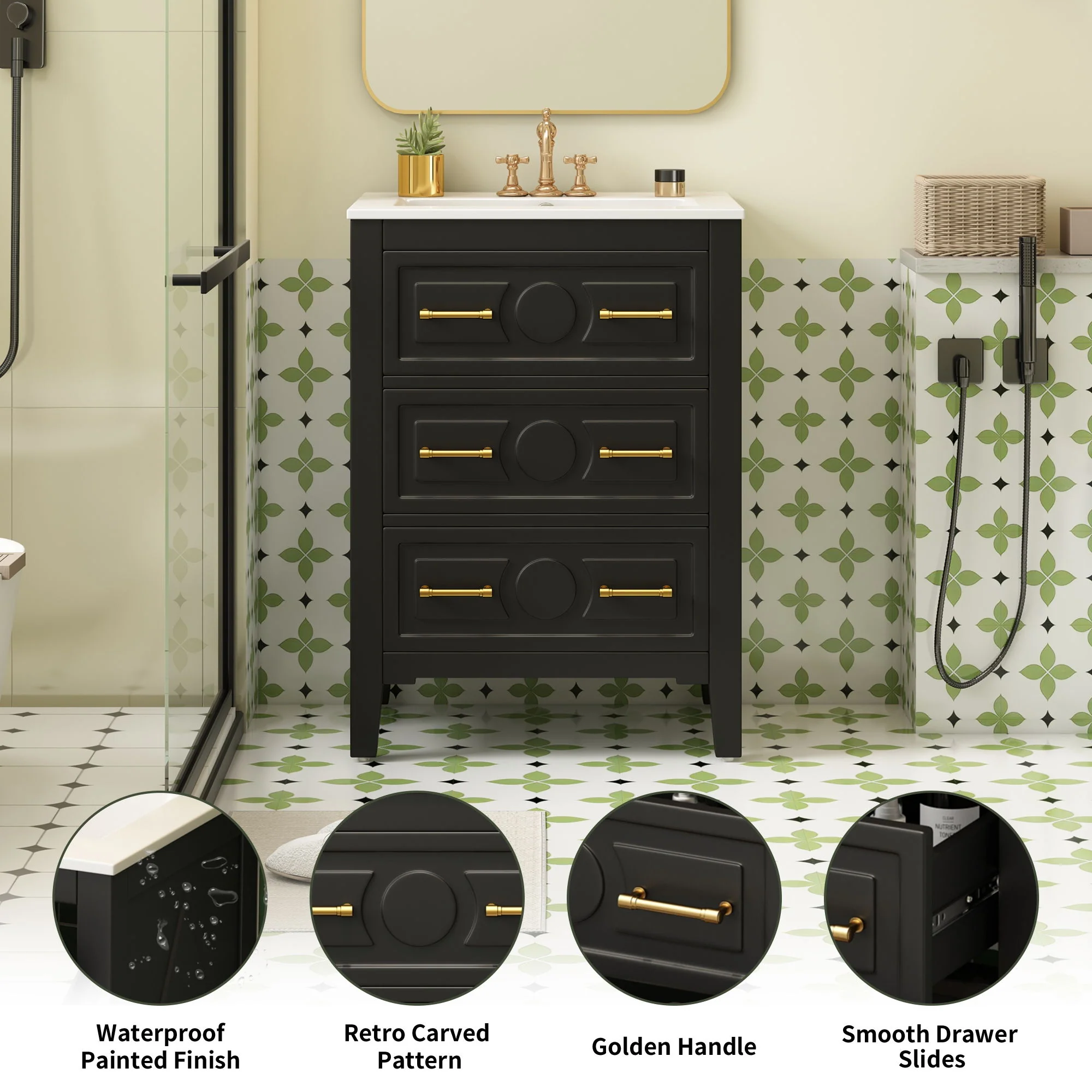 Bathroom Vanity With Sink, Free Standing Single Set, 3 Drawer Storage Cabinet - Image 10