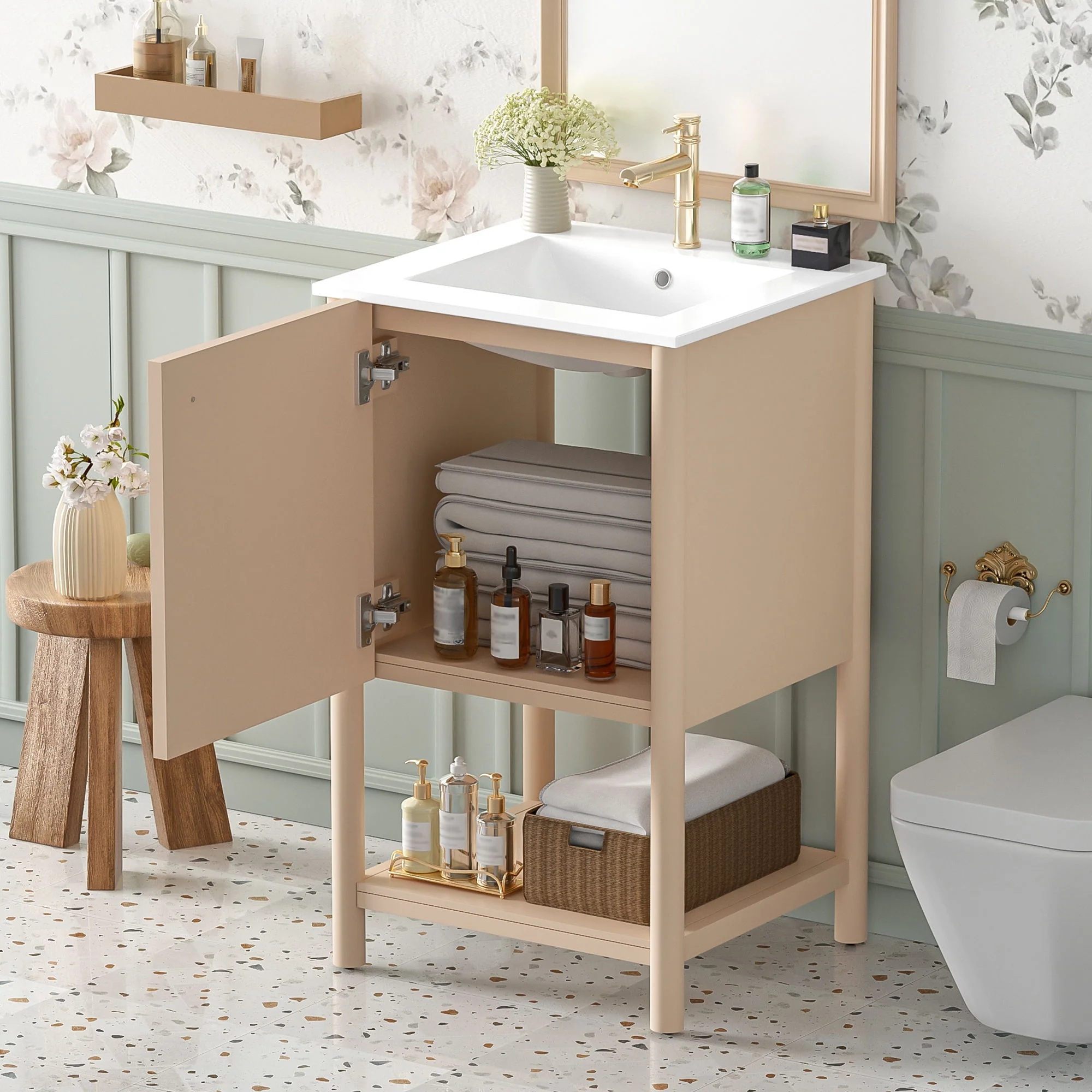 Bathroom Vanity With Sink, Freestanding Single Cabinet Set - Cream White - Image 9