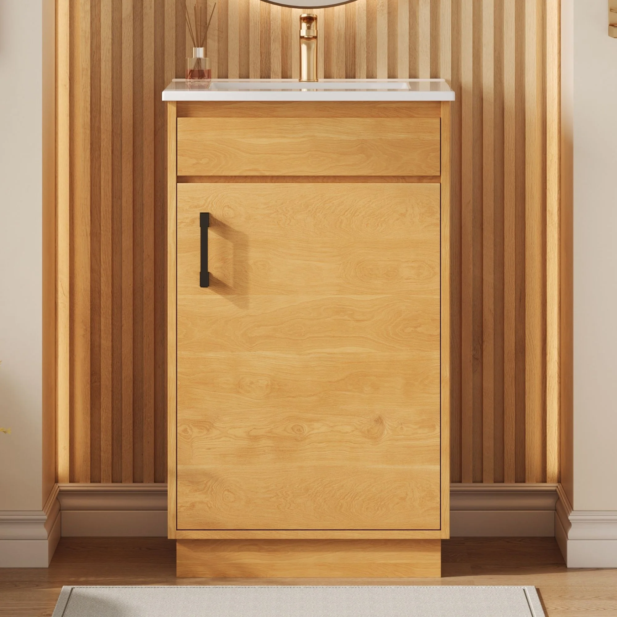 Bathroom Vanity With Sink, Freestanding Single Cabinet With Soft Closing Door And Adjustable Shelf - Natural Wood - Image 4