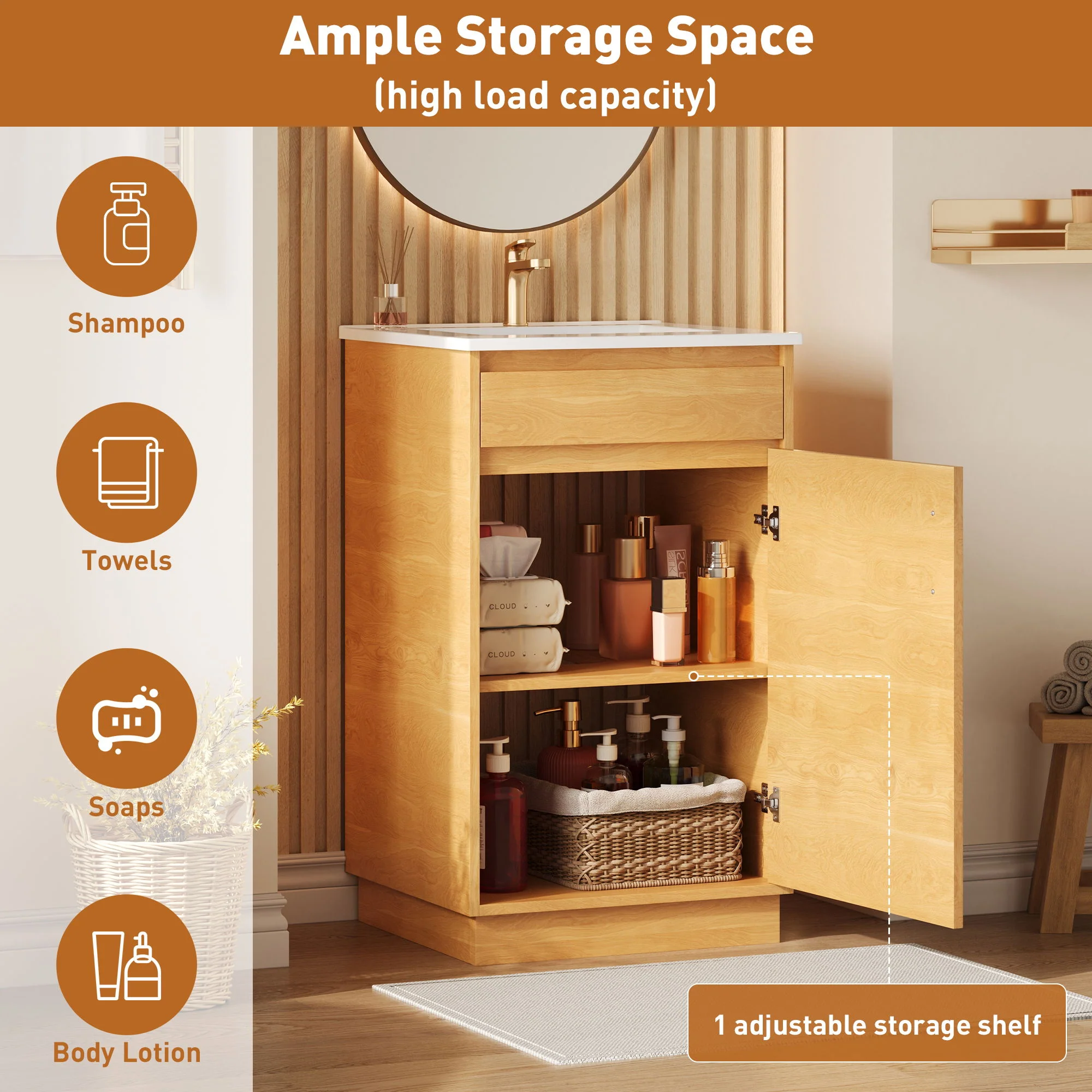Bathroom Vanity With Sink, Freestanding Single Cabinet With Soft Closing Door And Adjustable Shelf - Natural Wood - Image 7