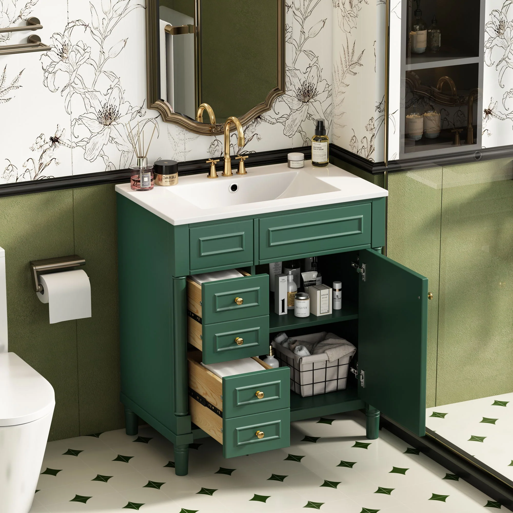 Bathroom Vanity With Sink, Freestanding Storage Cabinet & 2 Drawers And Soft Closing Door, Solid Legs, Frame, Basin, - Image 3