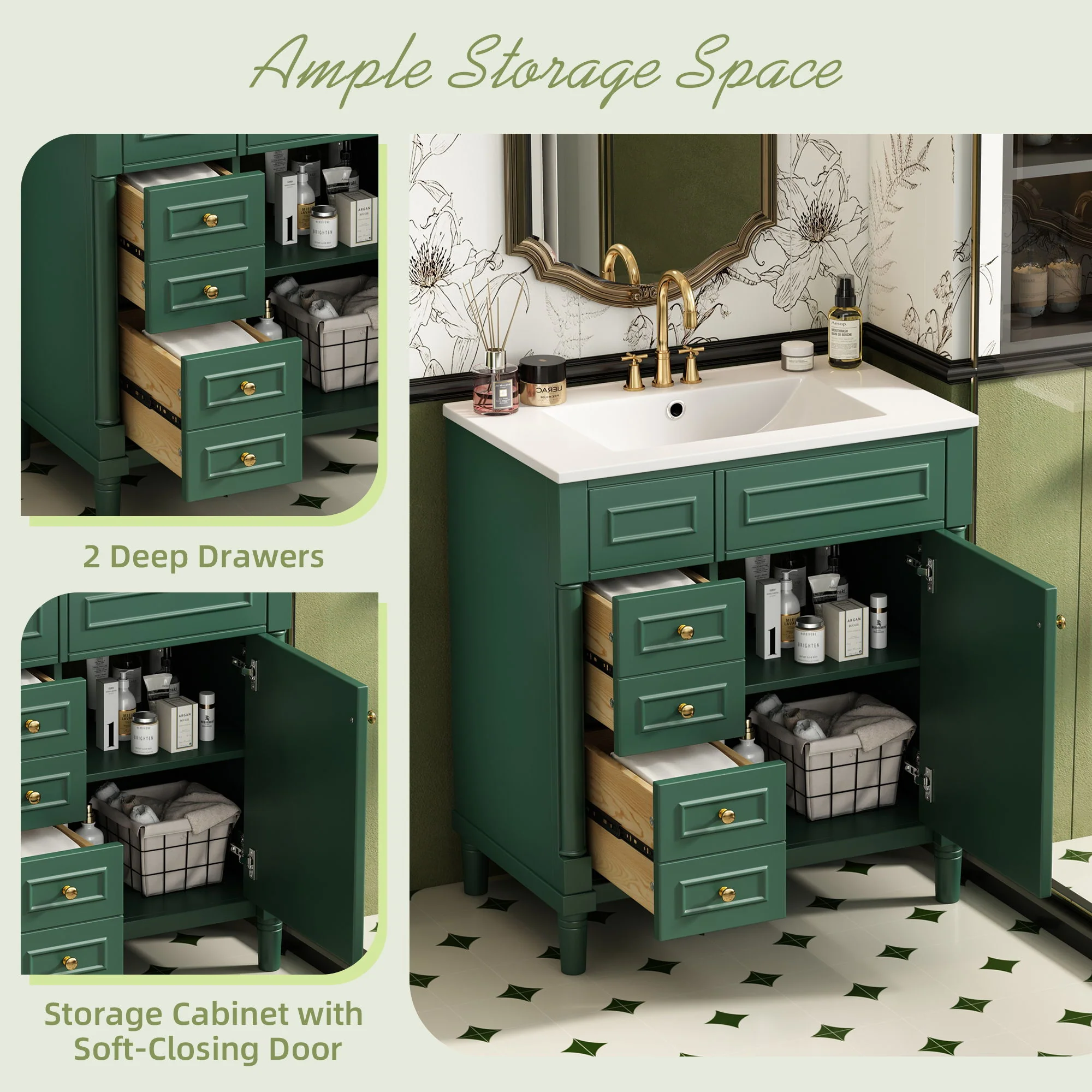 Bathroom Vanity With Sink, Freestanding Storage Cabinet & 2 Drawers And Soft Closing Door, Solid Legs, Frame, Basin, - Image 9