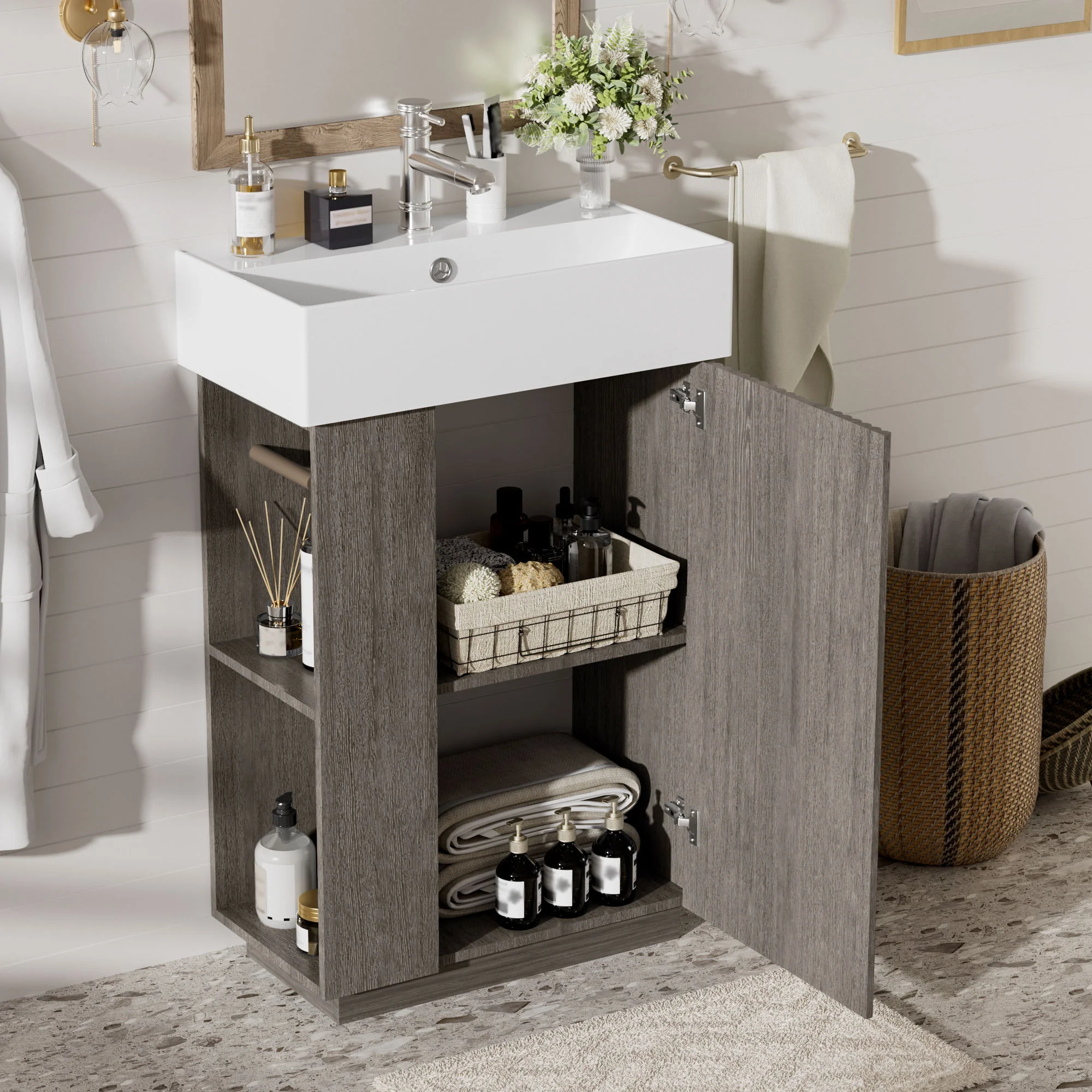 Bathroom Vanity With Sink, Freestanding Wood Grain Cabinet With Storage - Image 13