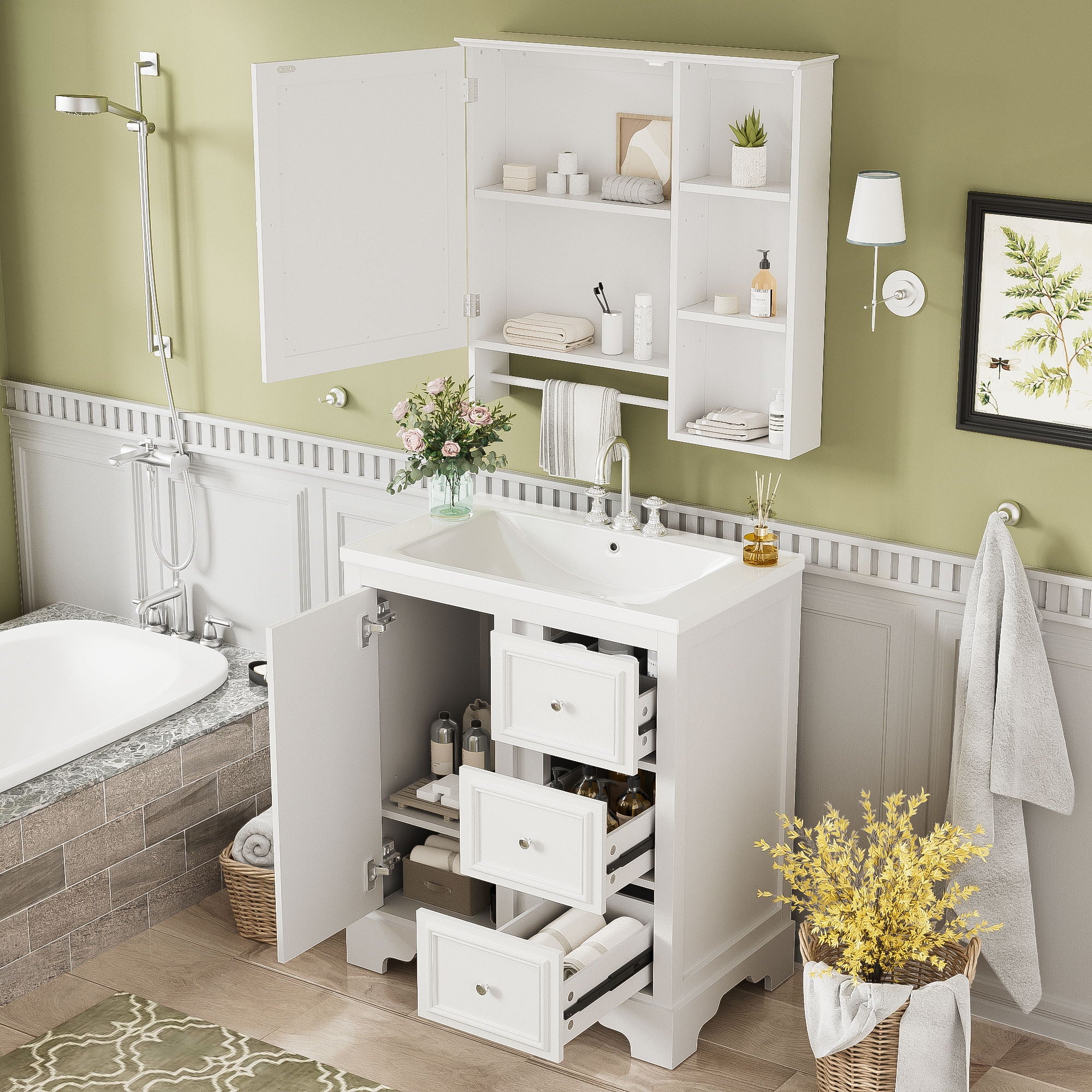 Bathroom Vanity With Sink, Modern Elegant Bathroom Storage Cabinet With 3 Drawers And Adjustable Shelves, Freestanding Vanity Set With Mirror Cabinet, Single Sink Bathroom Vanity - Image 4