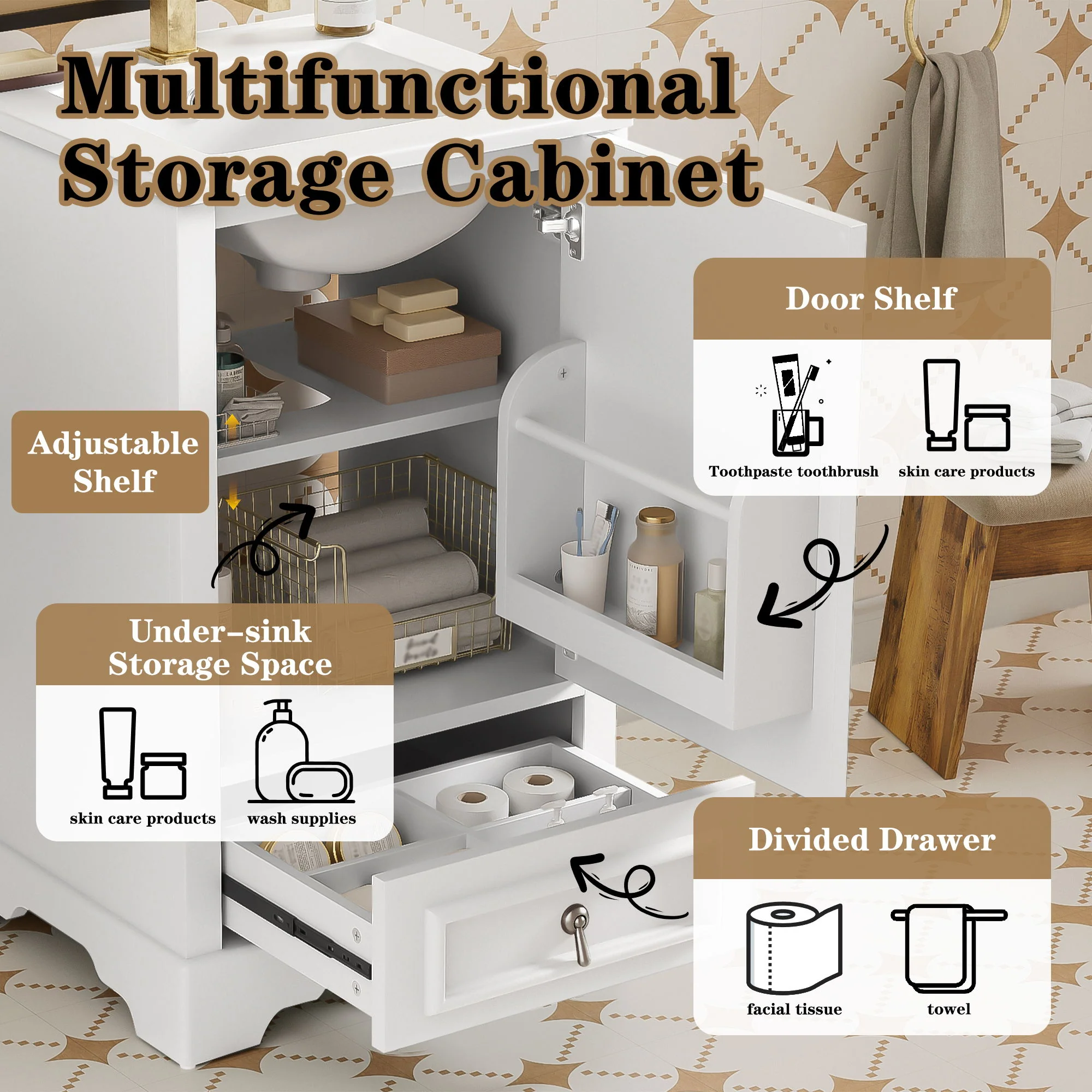 Bathroom Vanity With Sink, Soft Close Door, Adjustable U-Shaped Shelf - Image 13