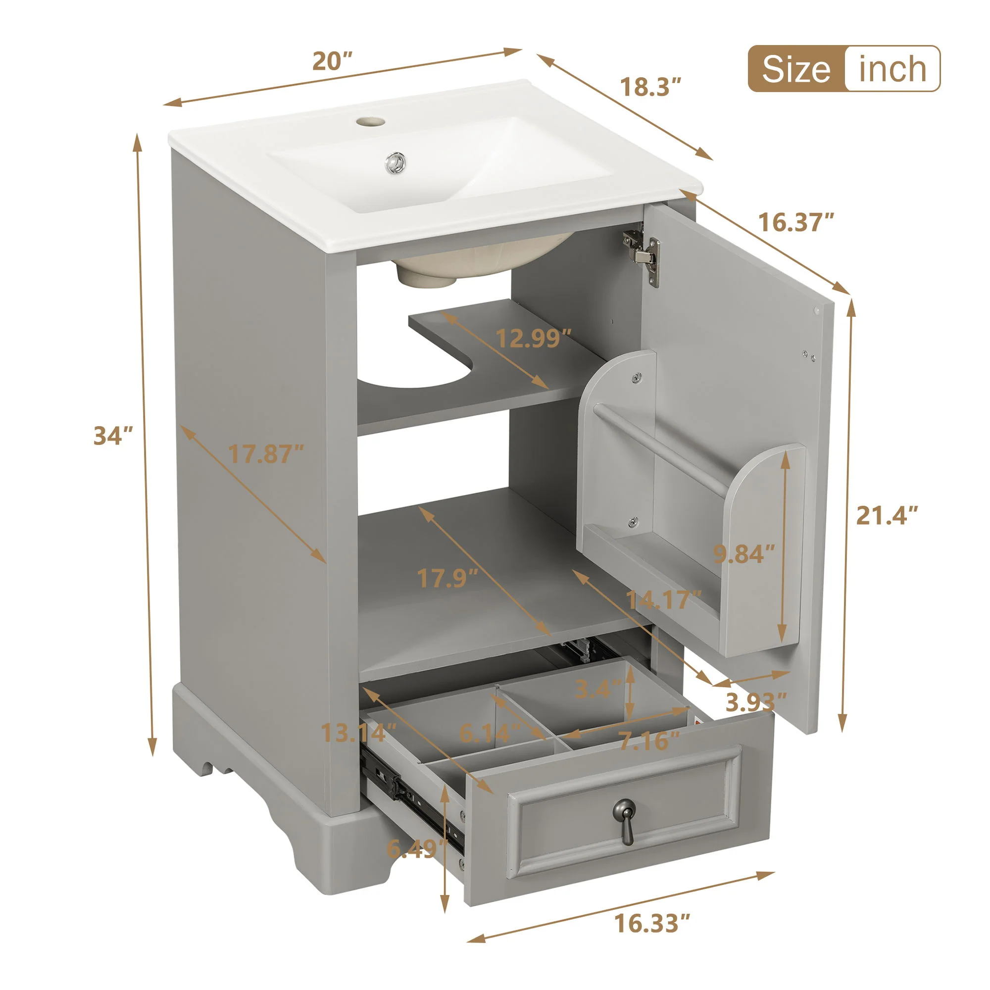 Bathroom Vanity With Sink, Soft Close Door, Adjustable U-Shaped Shelf - Image 32