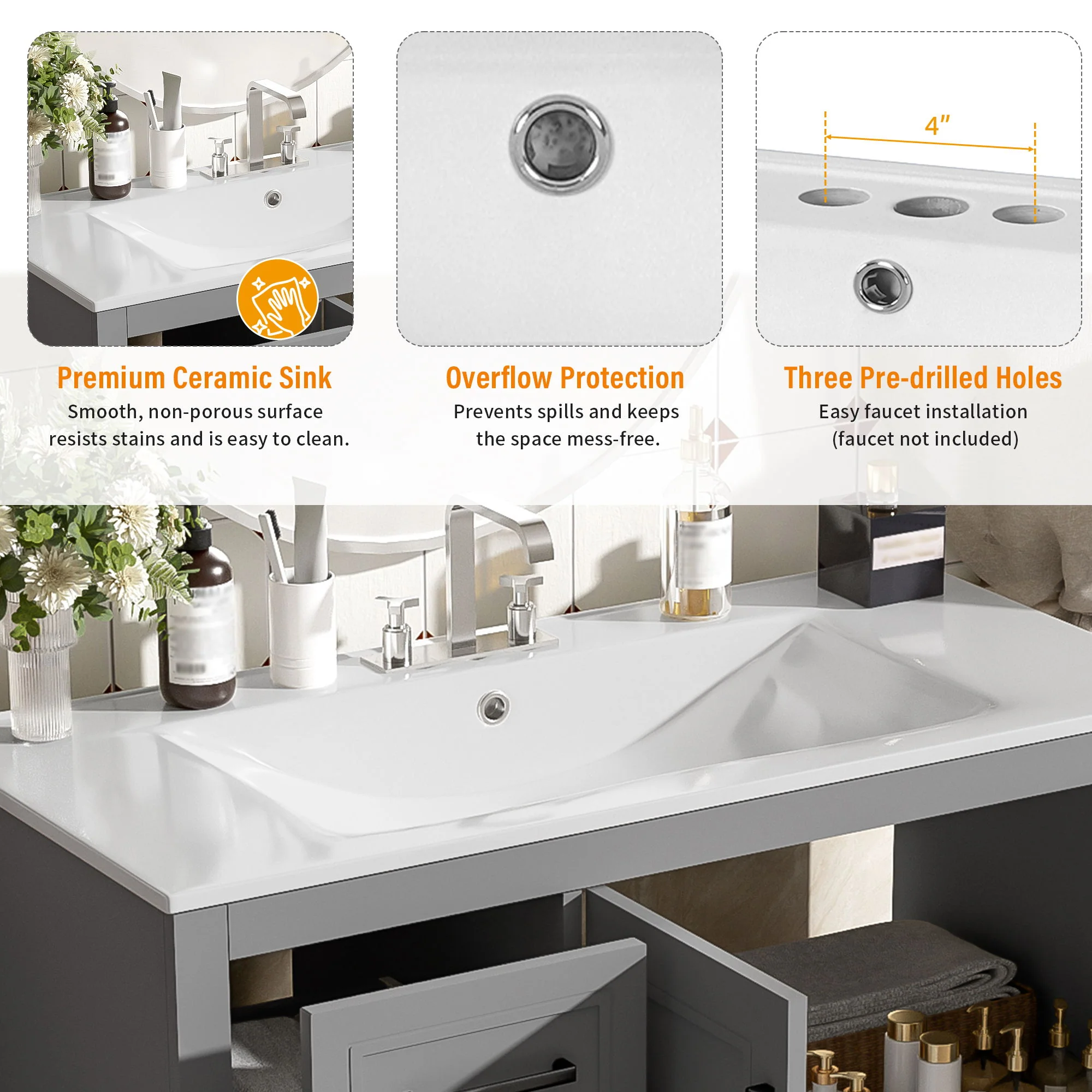 Bathroom Vanity With Sink, Soft Close Doors, Adjustable Shelf & 3 Drawers - Image 10