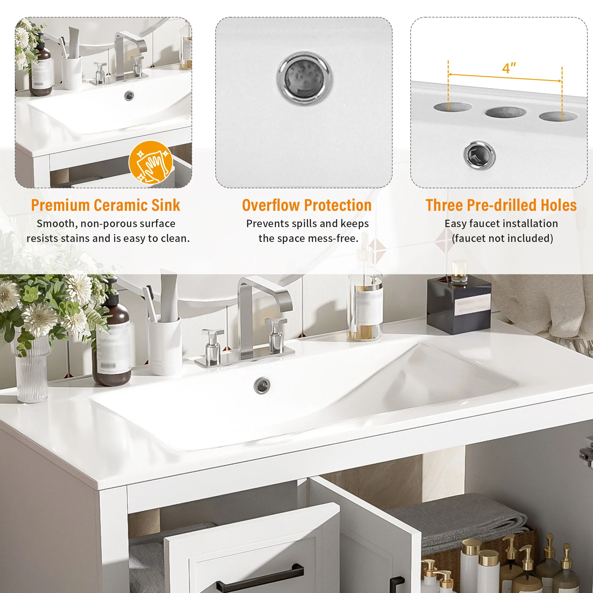 Bathroom Vanity With Sink, Soft Close Doors, Adjustable Shelf & 3 Drawers - Image 26