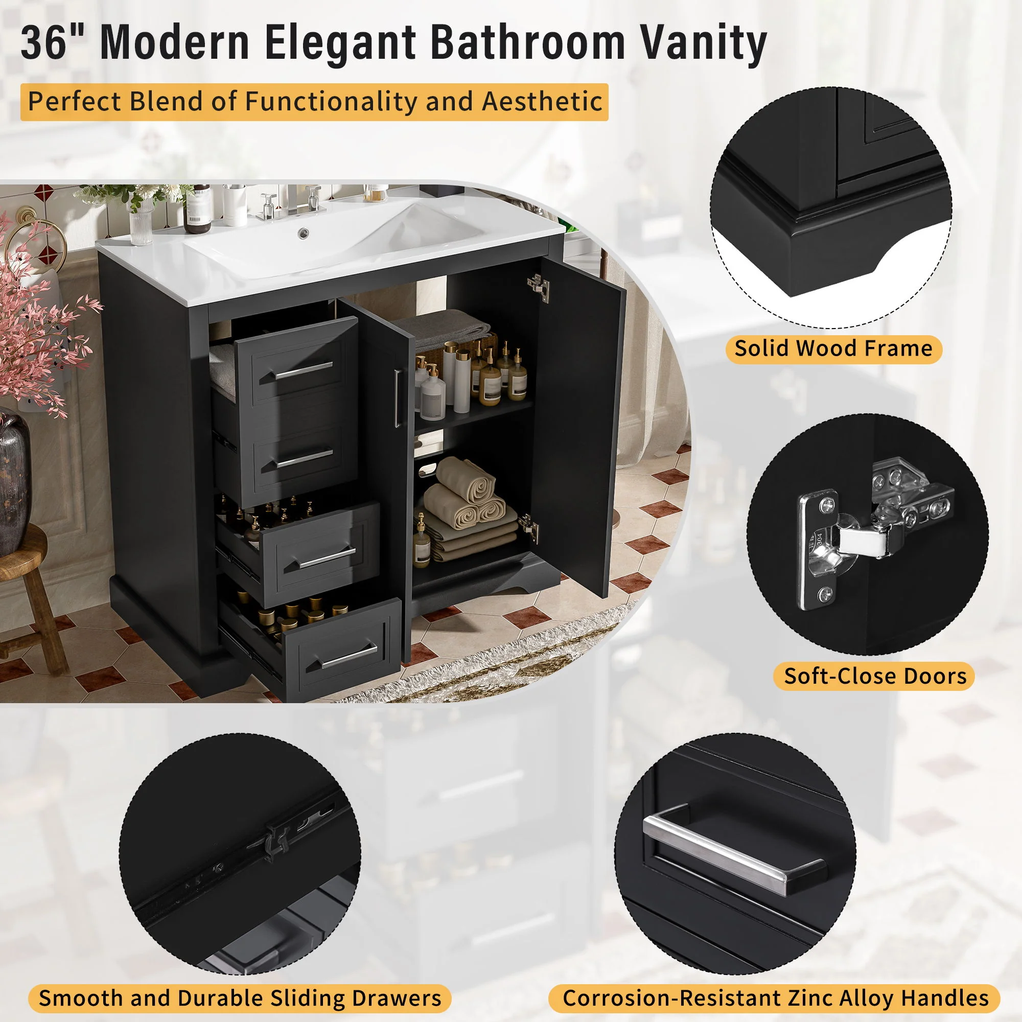 Bathroom Vanity With Sink, Soft Close Doors, Adjustable Shelf & 3 Drawers - Image 7