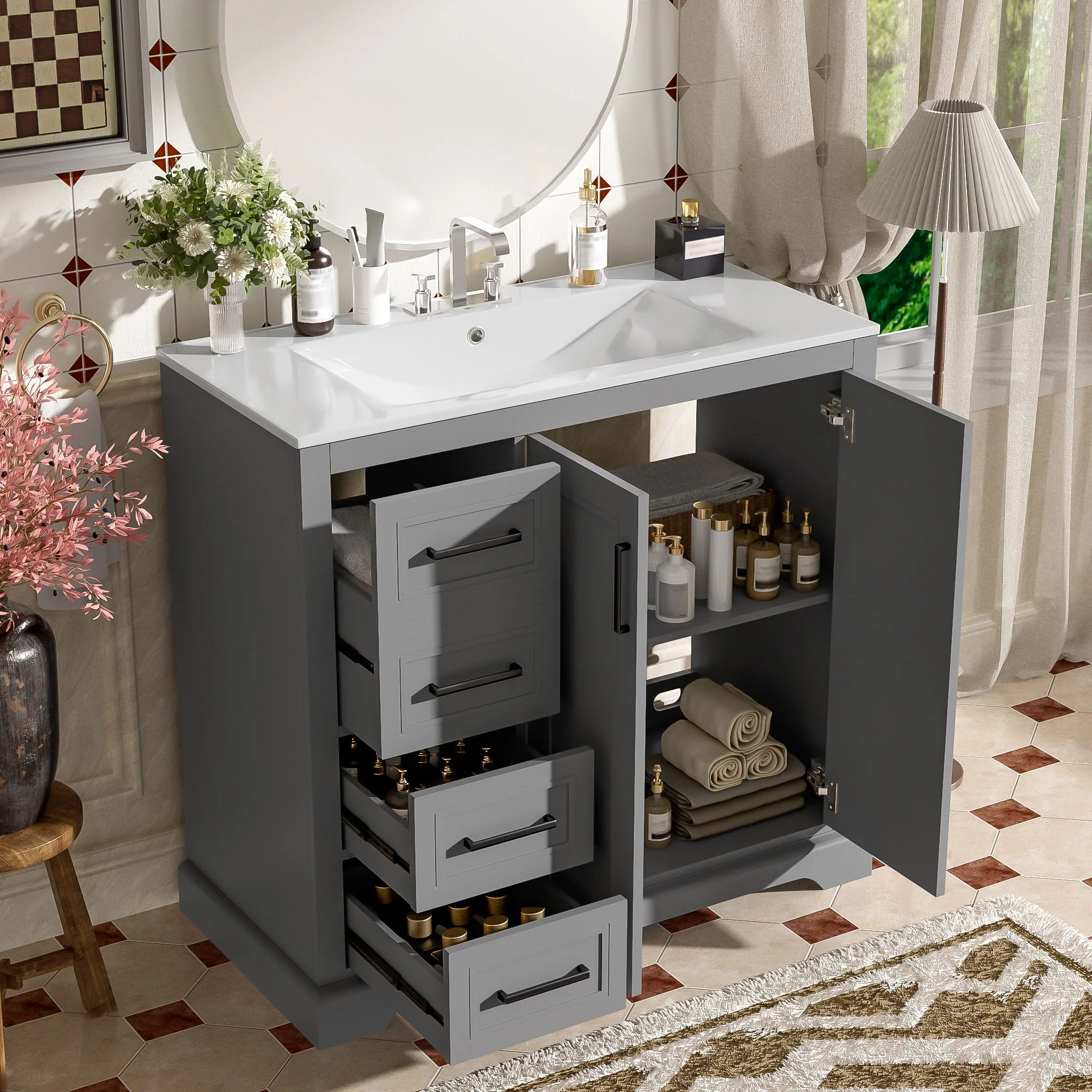 Bathroom Vanity With Sink, Soft Close Doors, Adjustable Shelf & 3 Drawers - Image 9