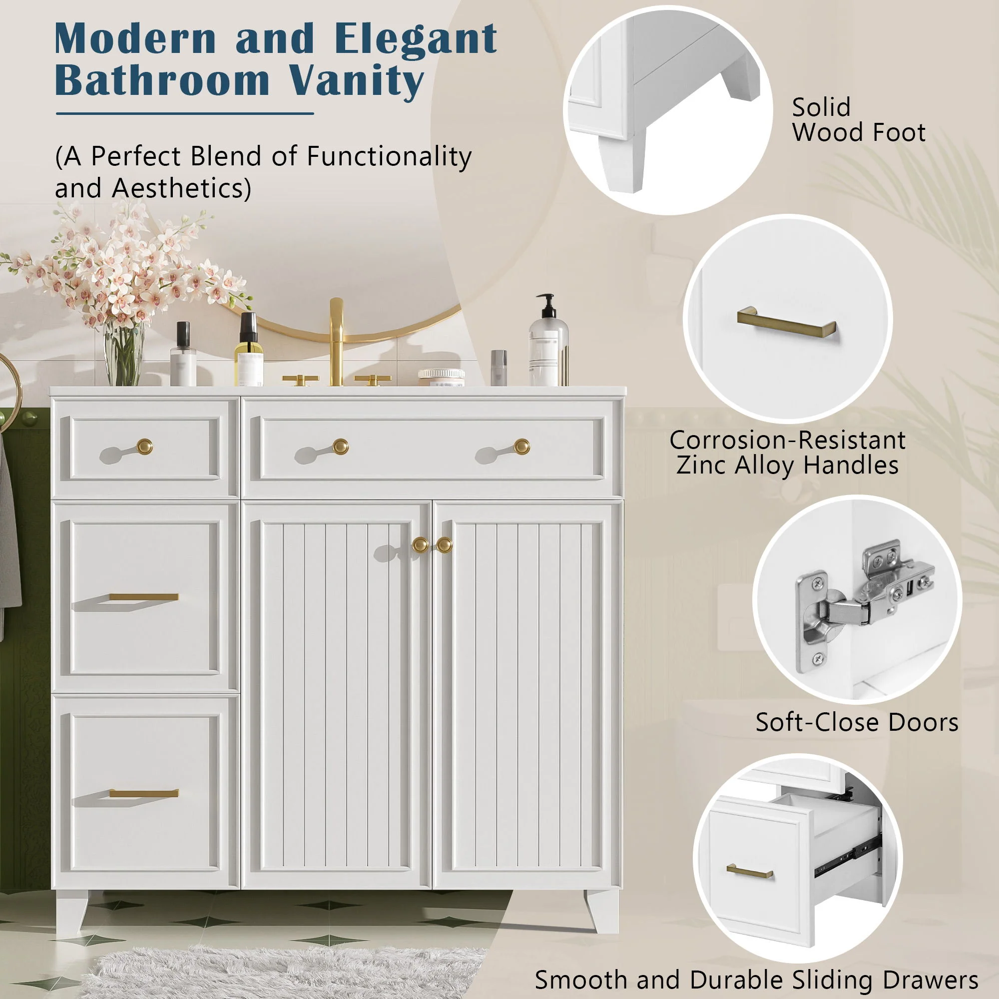 Bathroom Vanity With Sink, Soft Close Doors, Adjustable Shelves - Image 22