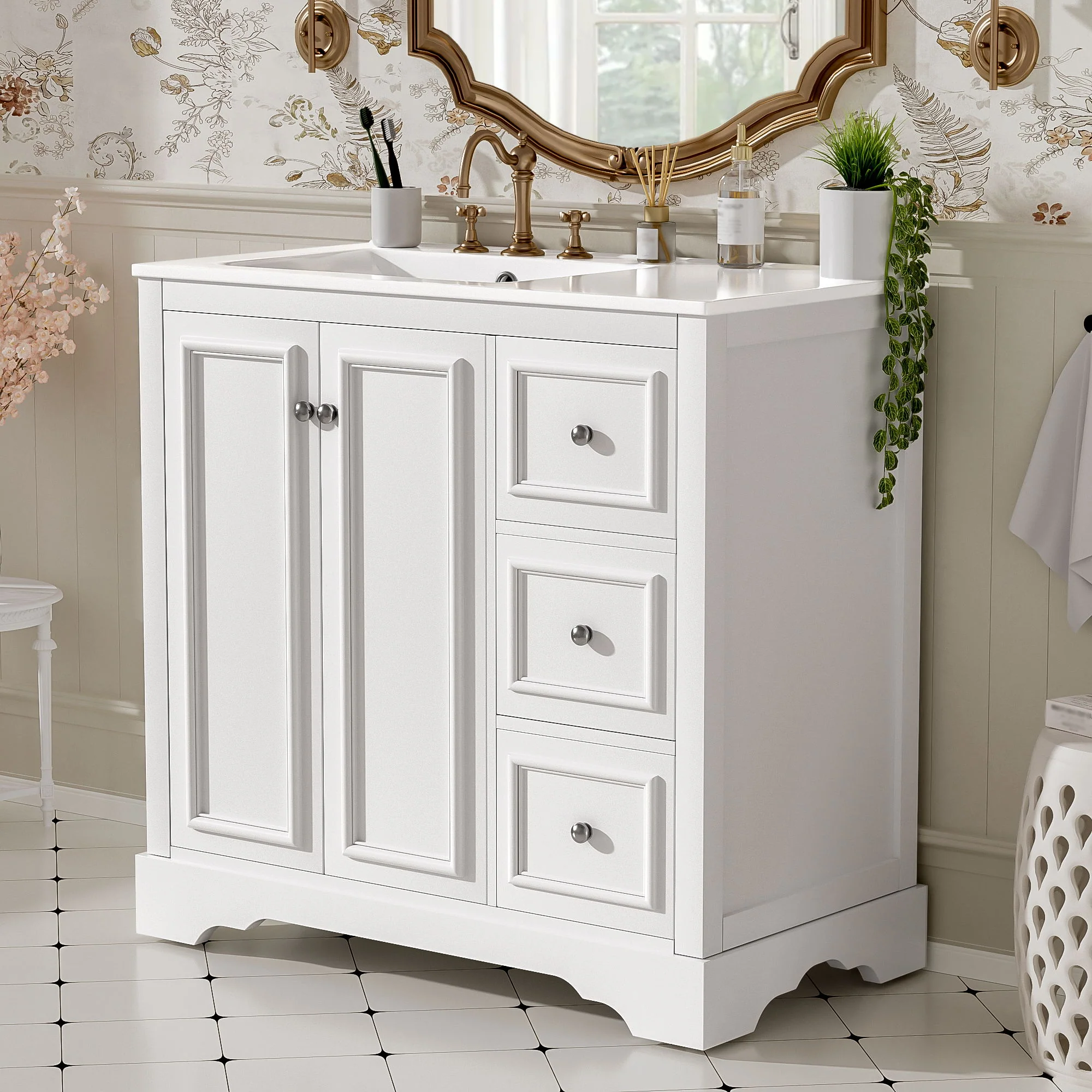 Bathroom Vanity With Sink, Soft-Close Doors, Adjustable U-Shelf, 3 Drawers - Image 10