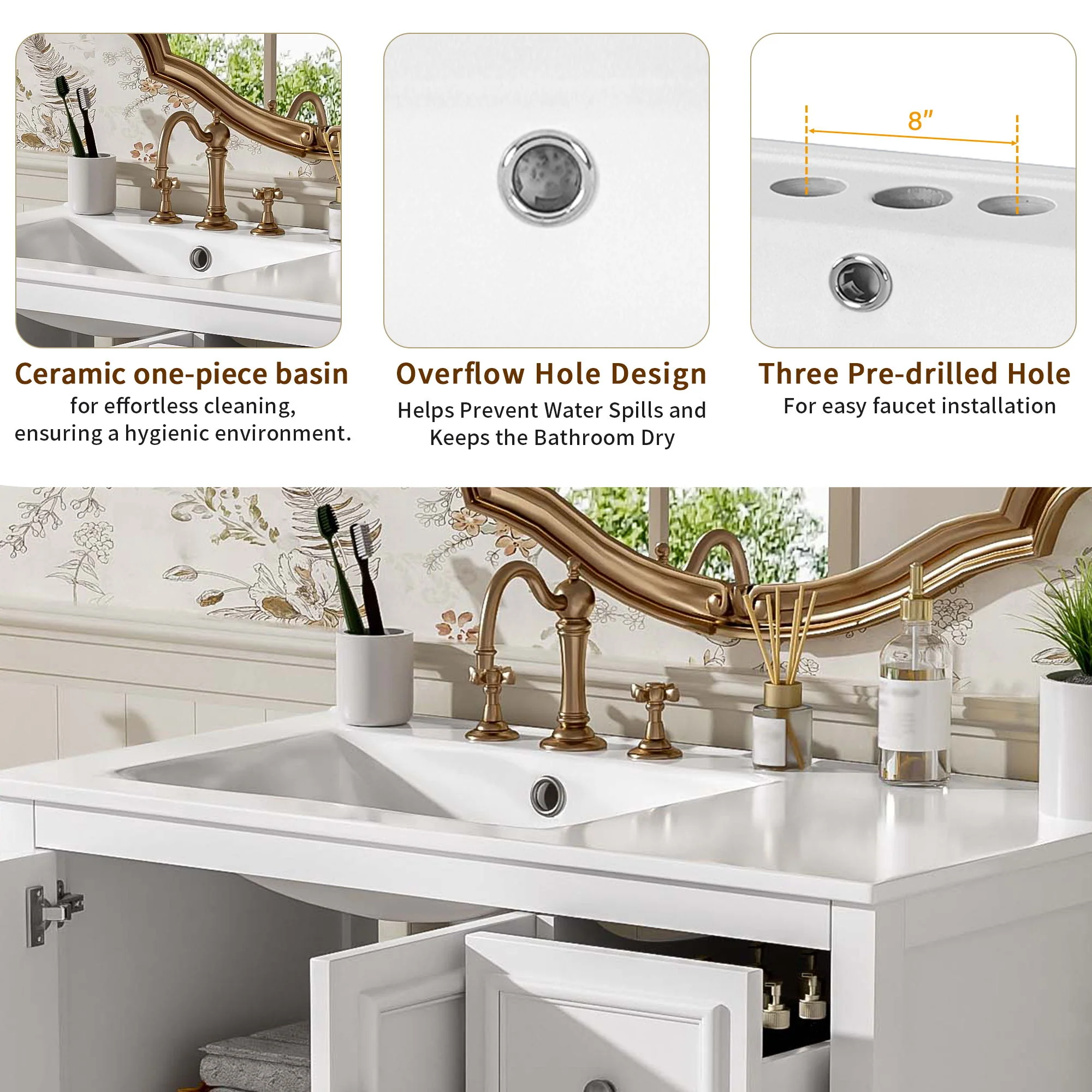 Bathroom Vanity With Sink, Soft-Close Doors, Adjustable U-Shelf, 3 Drawers - Image 16
