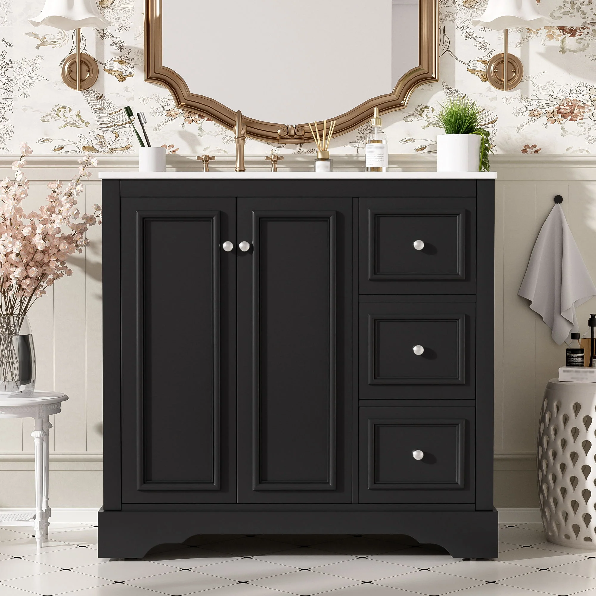 Bathroom Vanity With Sink, Soft-Close Doors, Adjustable U-Shelf, 3 Drawers - Image 7