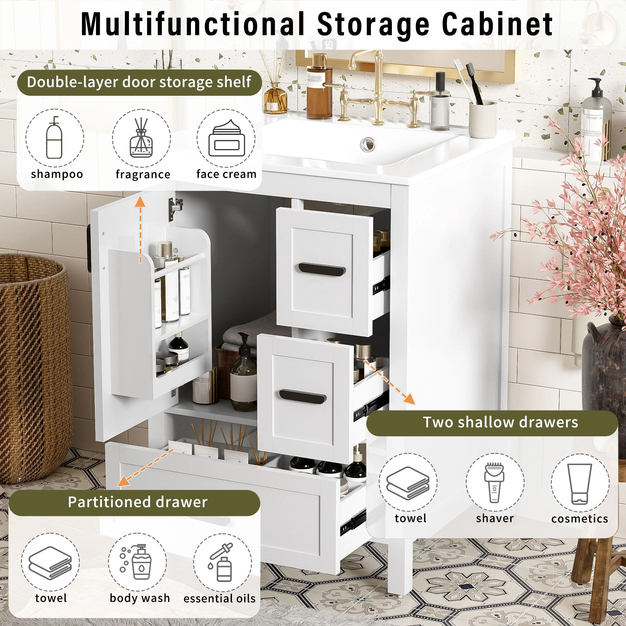 Bathroom Vanity With Sink, Soft-Close Doors, Double-Layer Shelf And 3 Drawers - Image 12