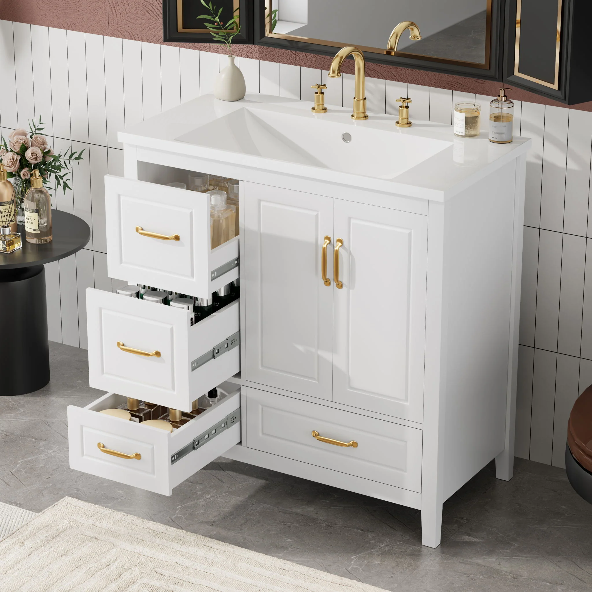 Bathroom Vanity With Sink, Soft Closing Doors & Drawers, Metal Handles - Image 5