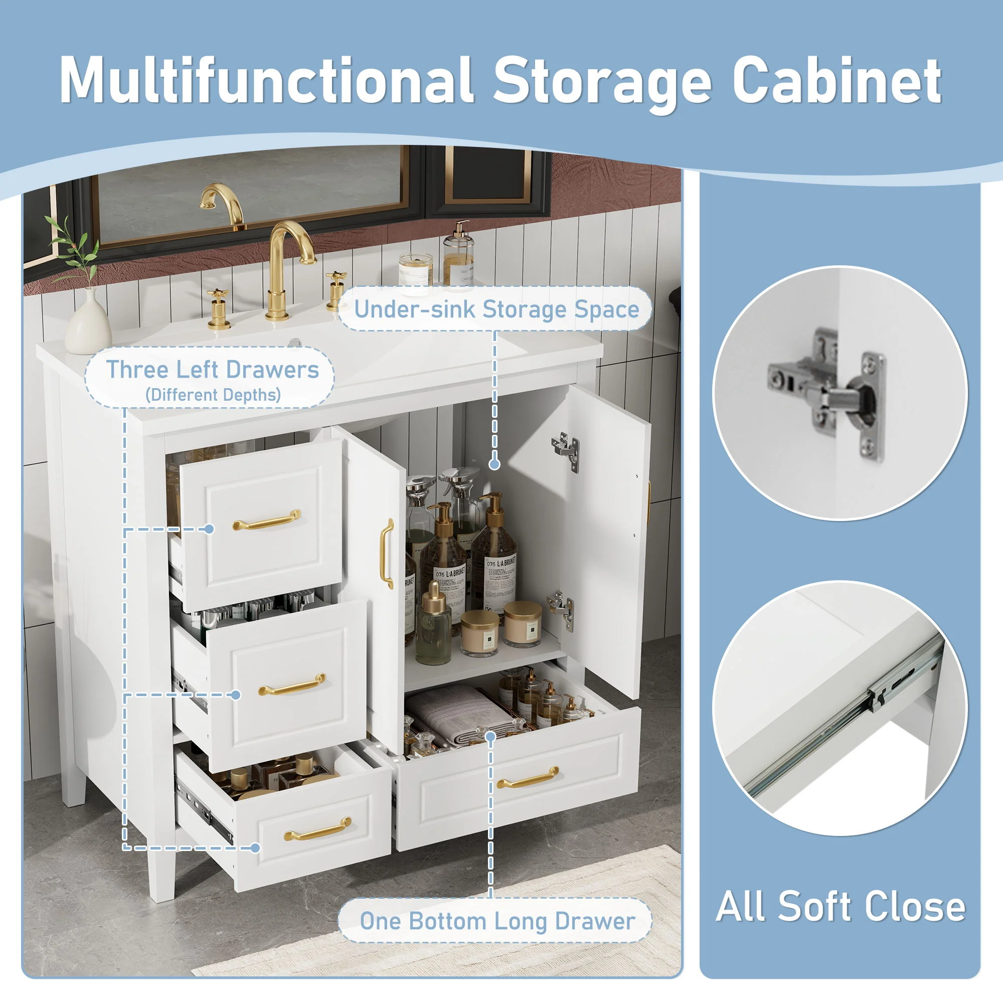 Bathroom Vanity With Sink, Soft Closing Doors & Drawers, Metal Handles - Image 9