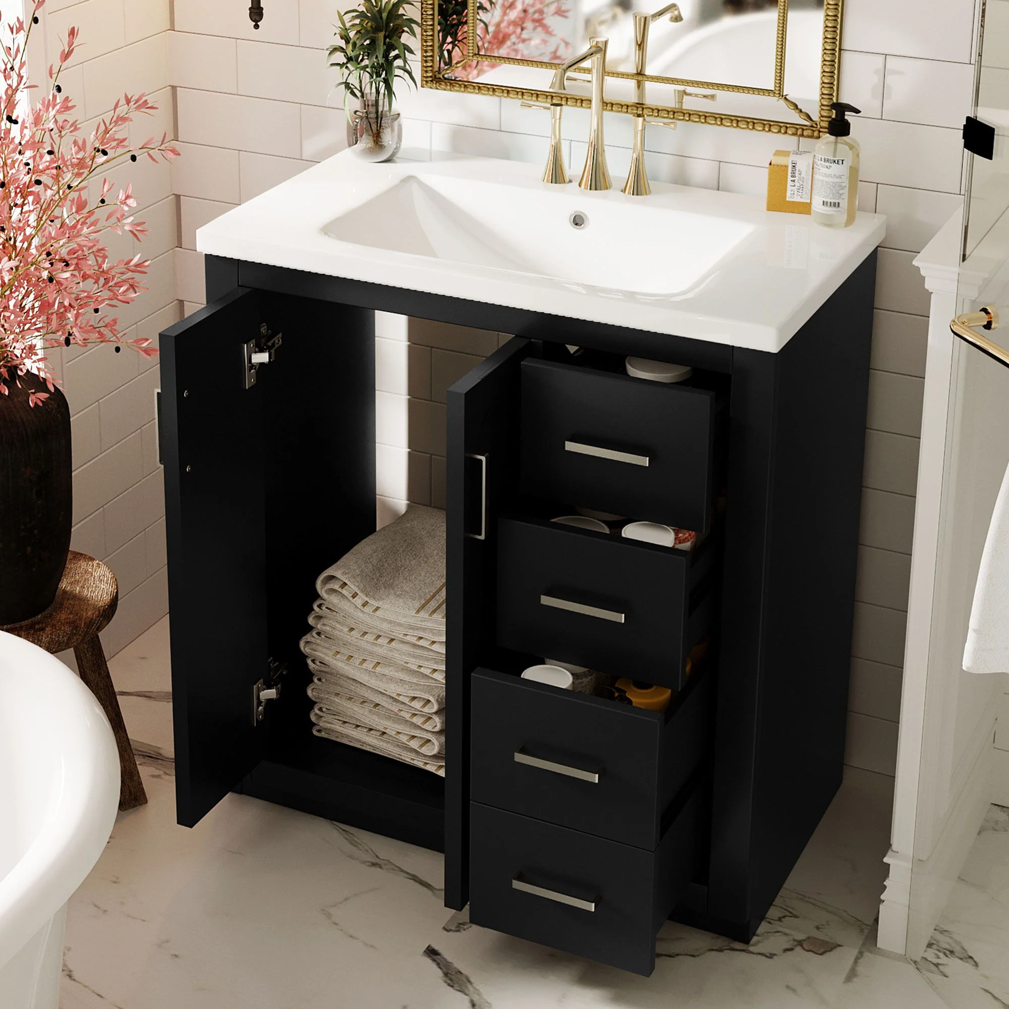 Bathroom Vanity With Sink, Storage Cabinet, Freestanding Set With 3 Drawers & Soft Closing Doors - Image 8