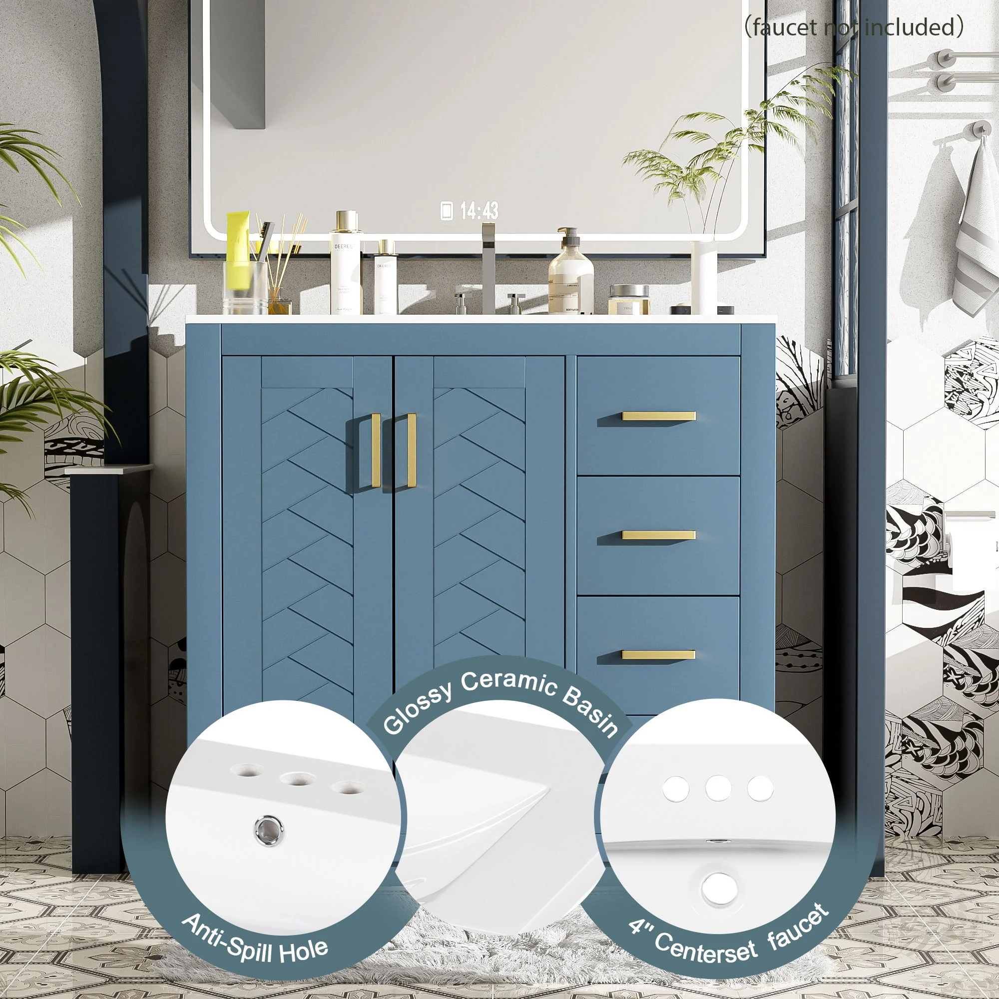 Bathroom Vanity With Sink, Storage Cabinet, Freestanding Set With 3 Drawers & Soft Closing Doors - Indigo - Image 4