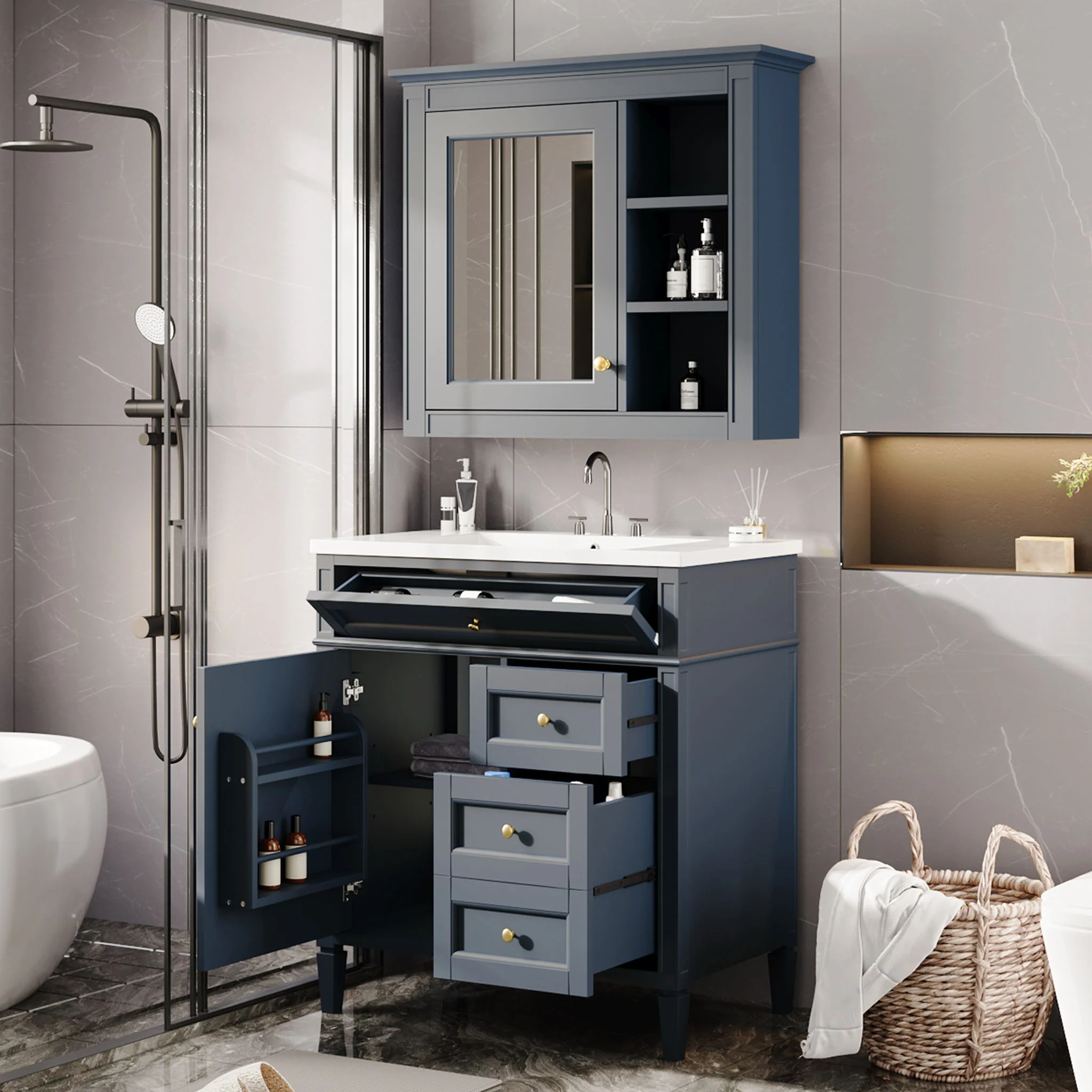Bathroom Vanity With Top Sink, 2 Doors And 3 Drawers, Freestanding Set With Mirror Cabinet - Image 28