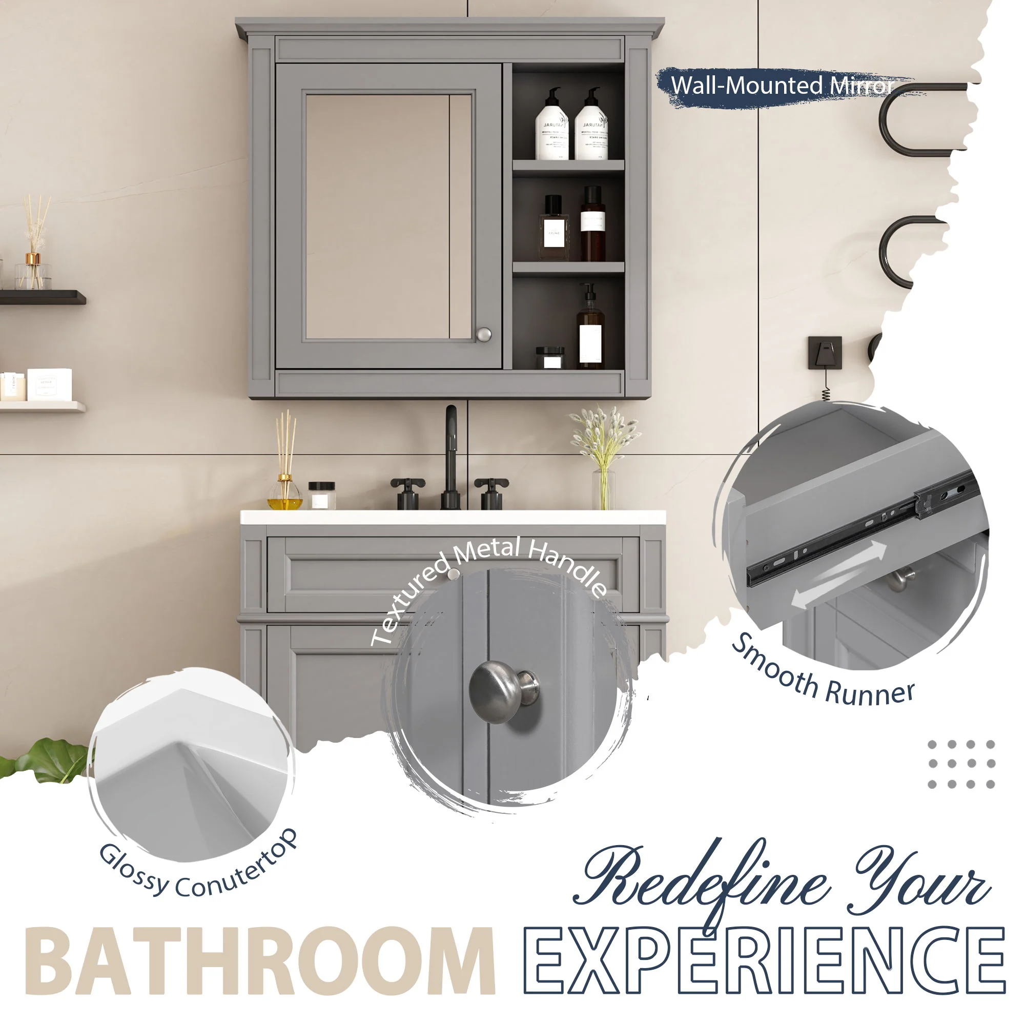 Bathroom Vanity With Top Sink, 2 Doors And 3 Drawers, Freestanding Set With Mirror Cabinet - Image 32