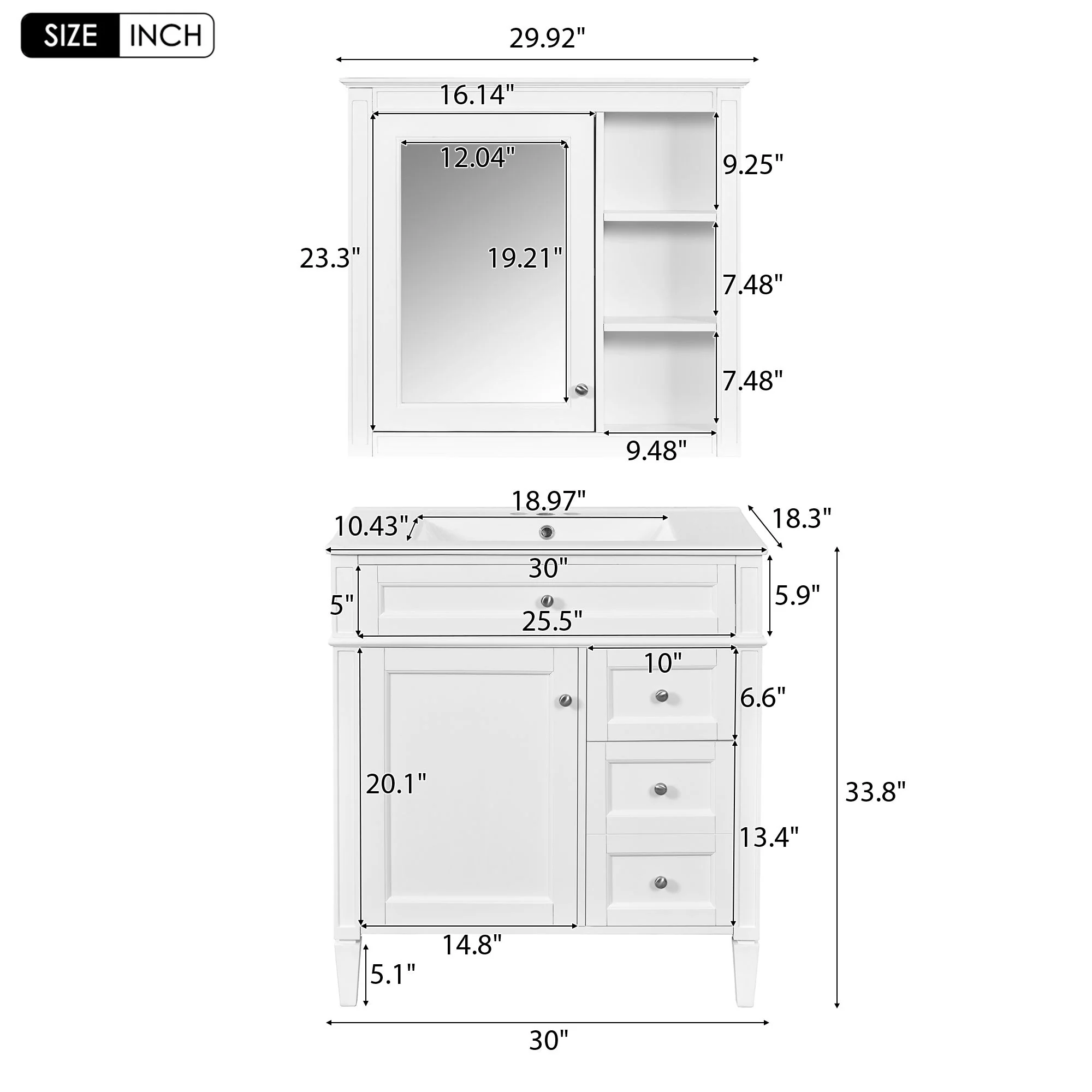 Bathroom Vanity With Top Sink, 2 Doors And 3 Drawers, Freestanding Set With Mirror Cabinet - Image 33