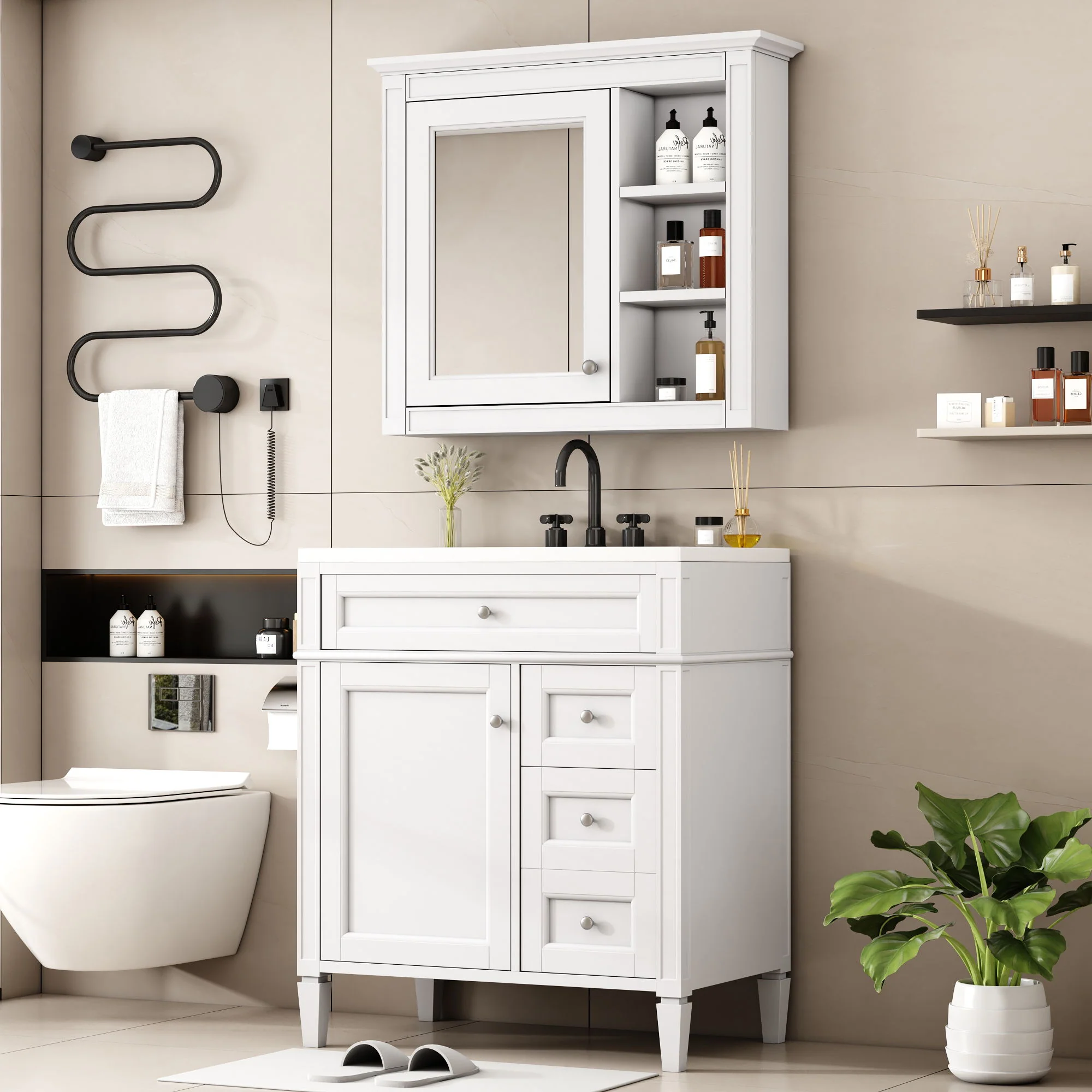Bathroom Vanity With Top Sink, 2 Doors And 3 Drawers, Freestanding Set With Mirror Cabinet - Image 9