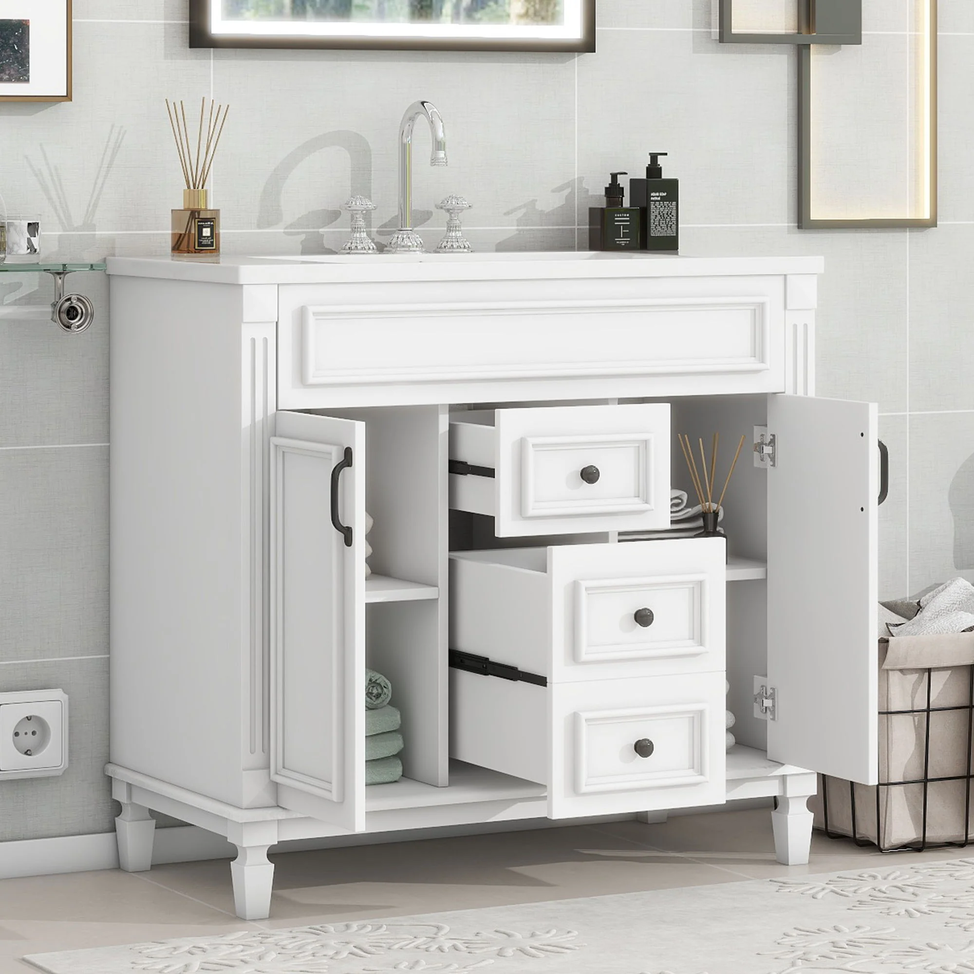 Bathroom Vanity With Top Sink, Basin On Cabinet With 2 Soft Closing Doors And 2 Drawers - Image 23