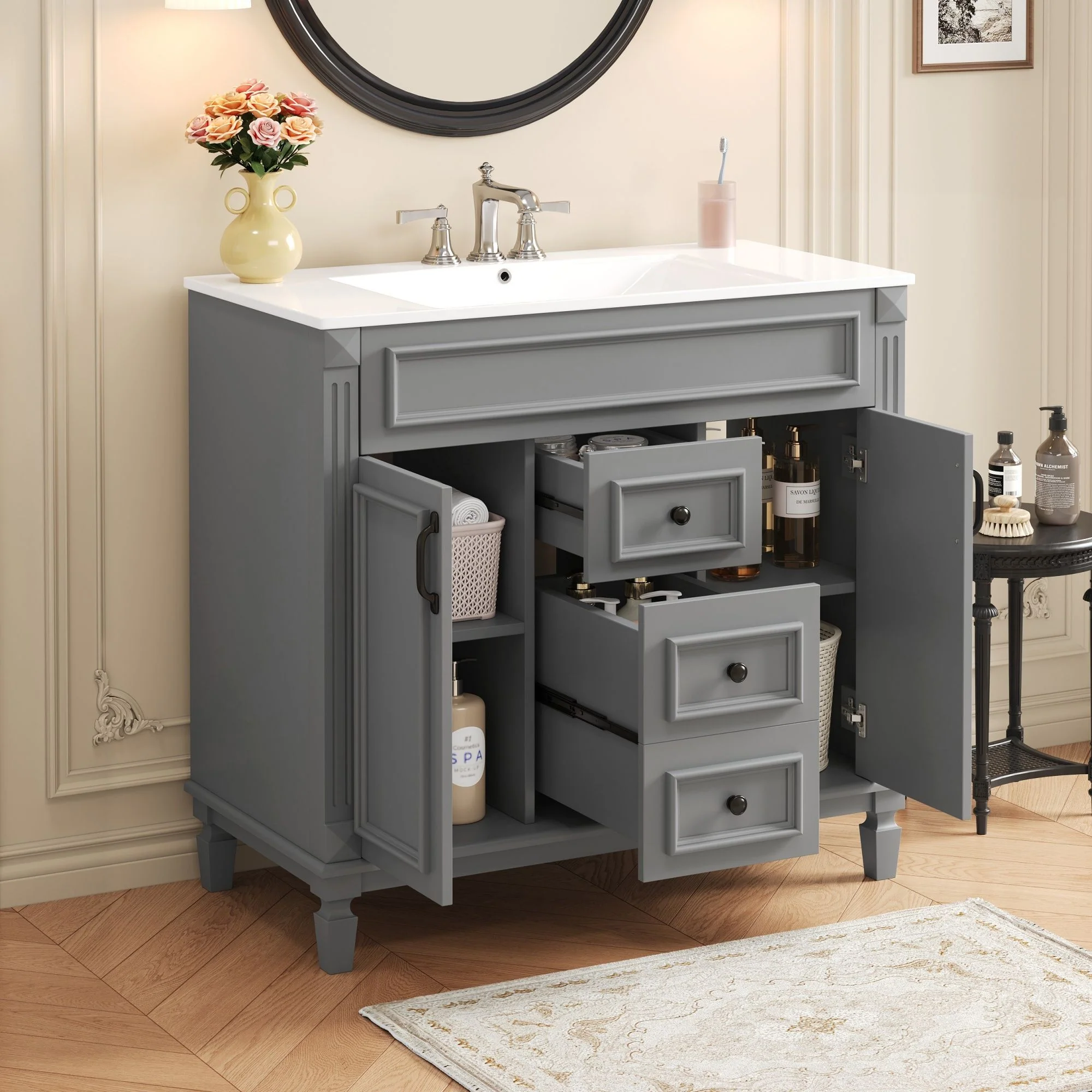 Bathroom Vanity With Top Sink, Basin On Cabinet With 2 Soft Closing Doors And 2 Drawers - Image 25