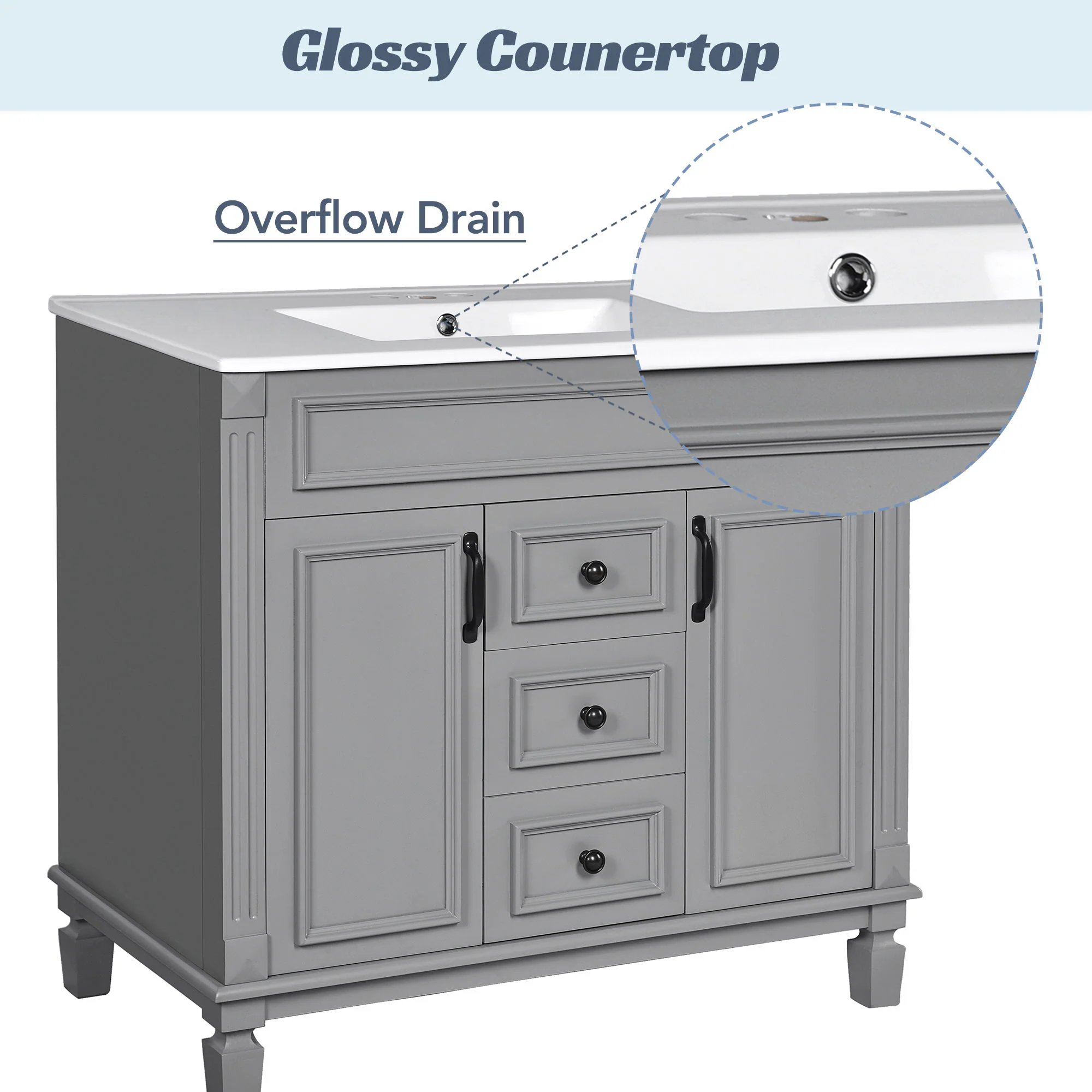 Bathroom Vanity With Top Sink, Basin On Cabinet With 2 Soft Closing Doors And 2 Drawers - Image 7
