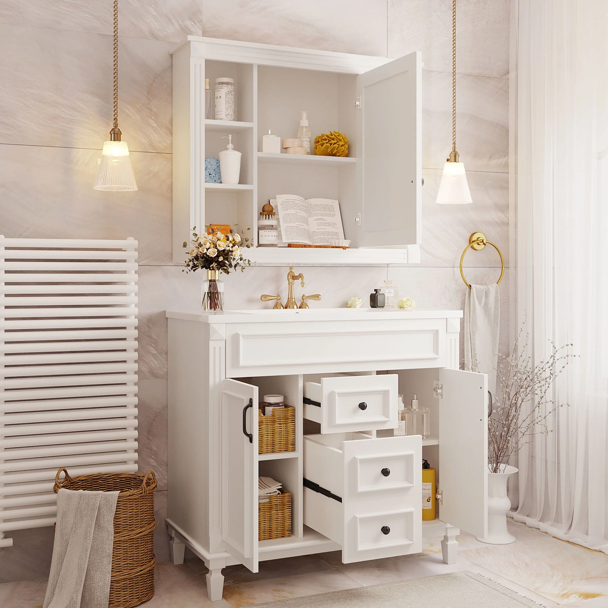 Bathroom Vanity With Top Sink, Mirror Cabinet, 2 Soft Closing Doors & 2 Drawers - Image 11