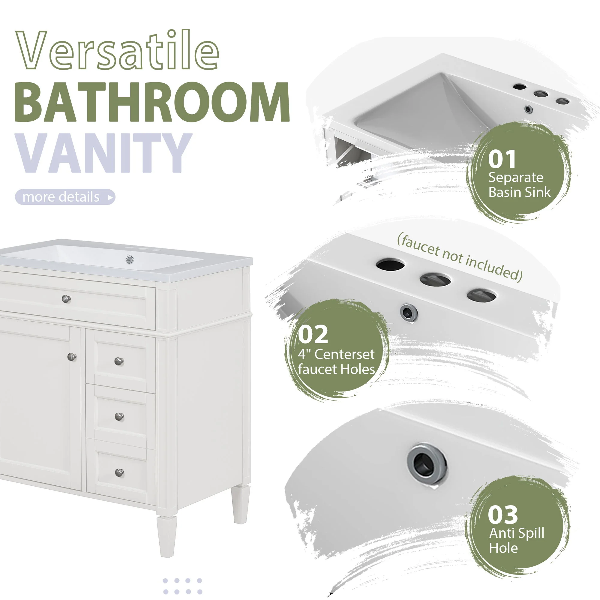 Bathroom Vanity With Top Sink, Storage Cabinet With 2 Drawers And Tip Out Drawer, Freestanding Set With Mirror Cabinet - Image 10
