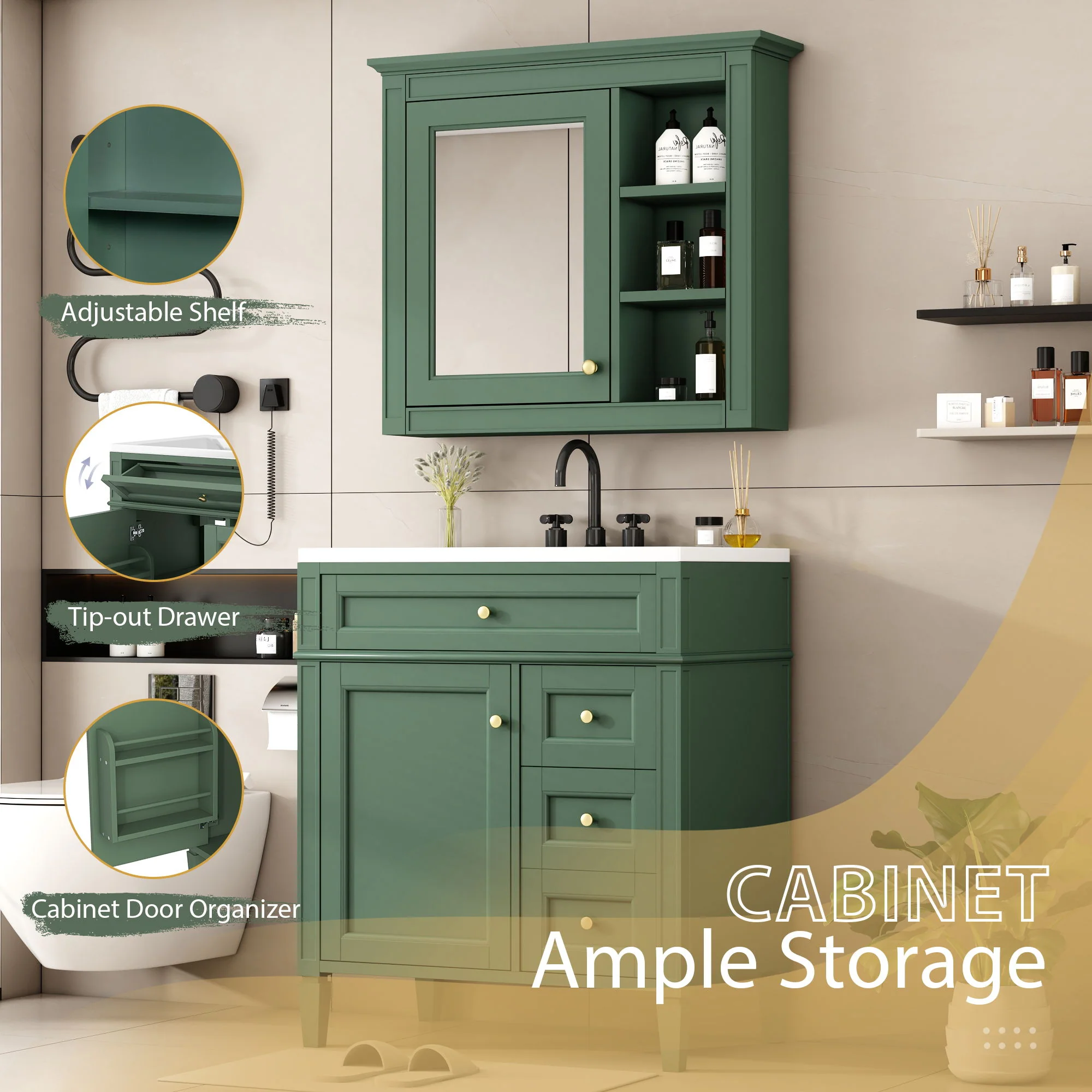 Bathroom Vanity With Top Sink, Storage Cabinet With 2 Drawers And Tip Out Drawer, Freestanding Set With Mirror Cabinet - Image 15