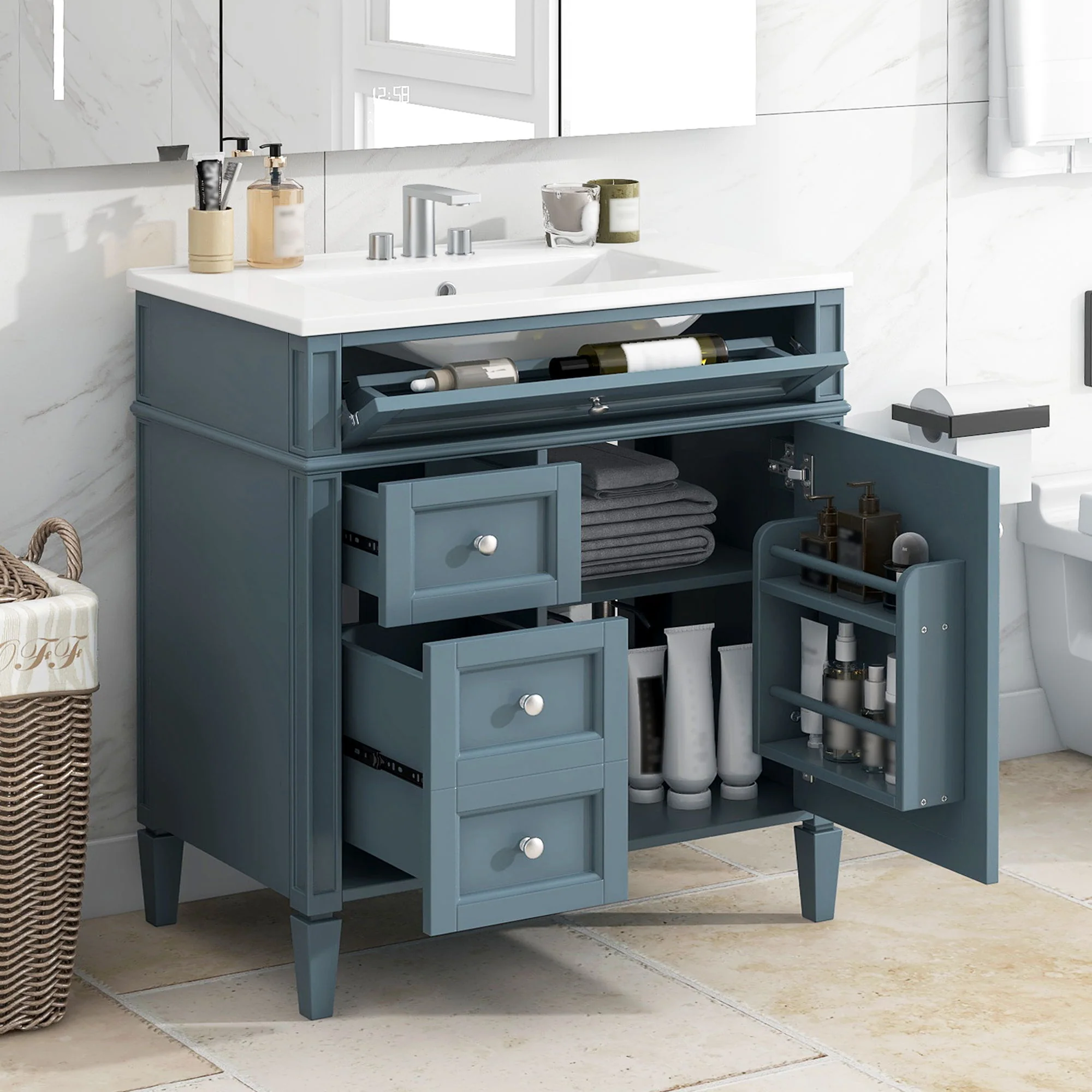 Bathroom Vanity With Top Sink, Storage Cabinet With 2 Drawers And Tip Out Drawer, Rectangular Design - Blue - Image 8