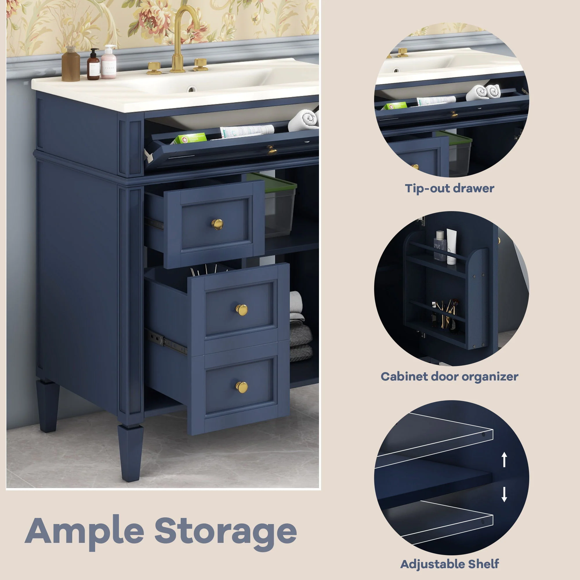 Bathroom Vanity With Top Sink, Storage Cabinet With 2 Drawers, Tip Out Drawer - Image 30