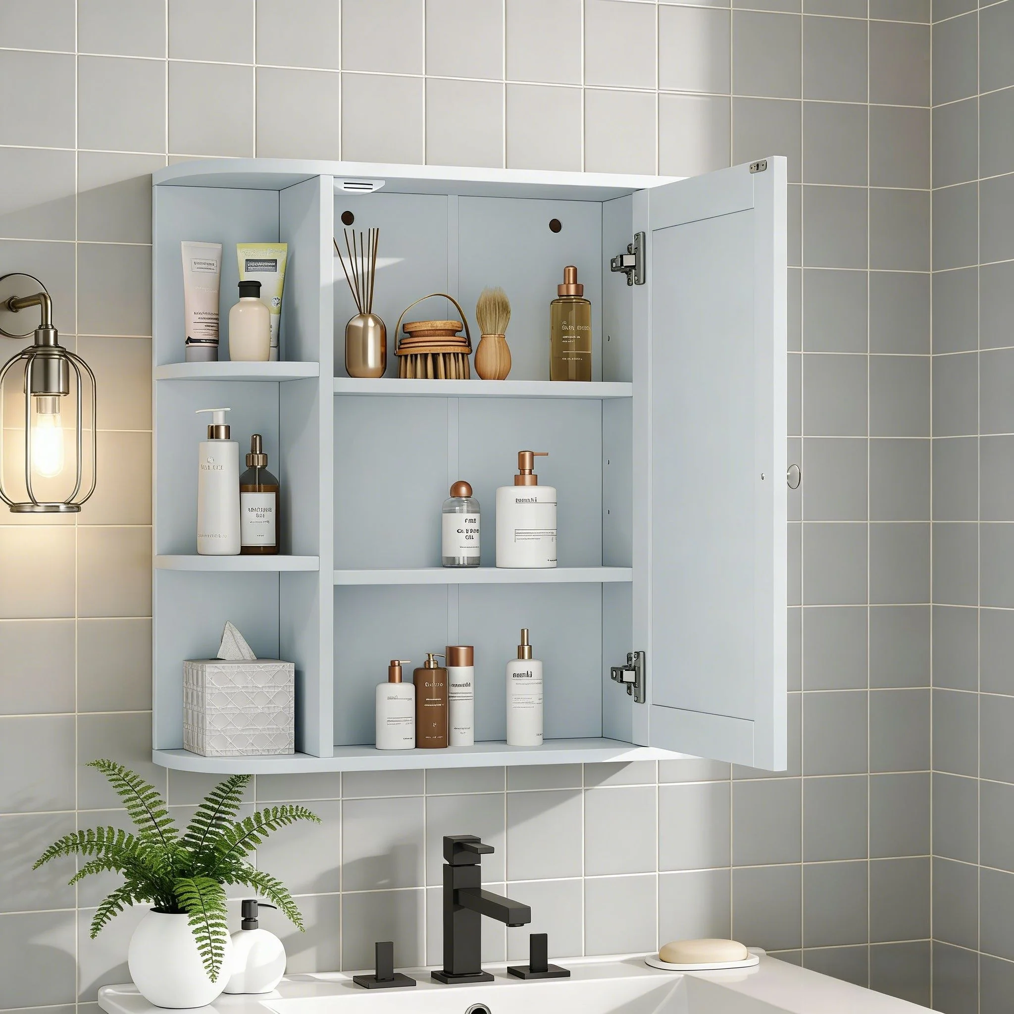 Bathroom Wall Storage Cabinet With Mirror And Adjustable Shelf, 6 Open Shelves - Image 10