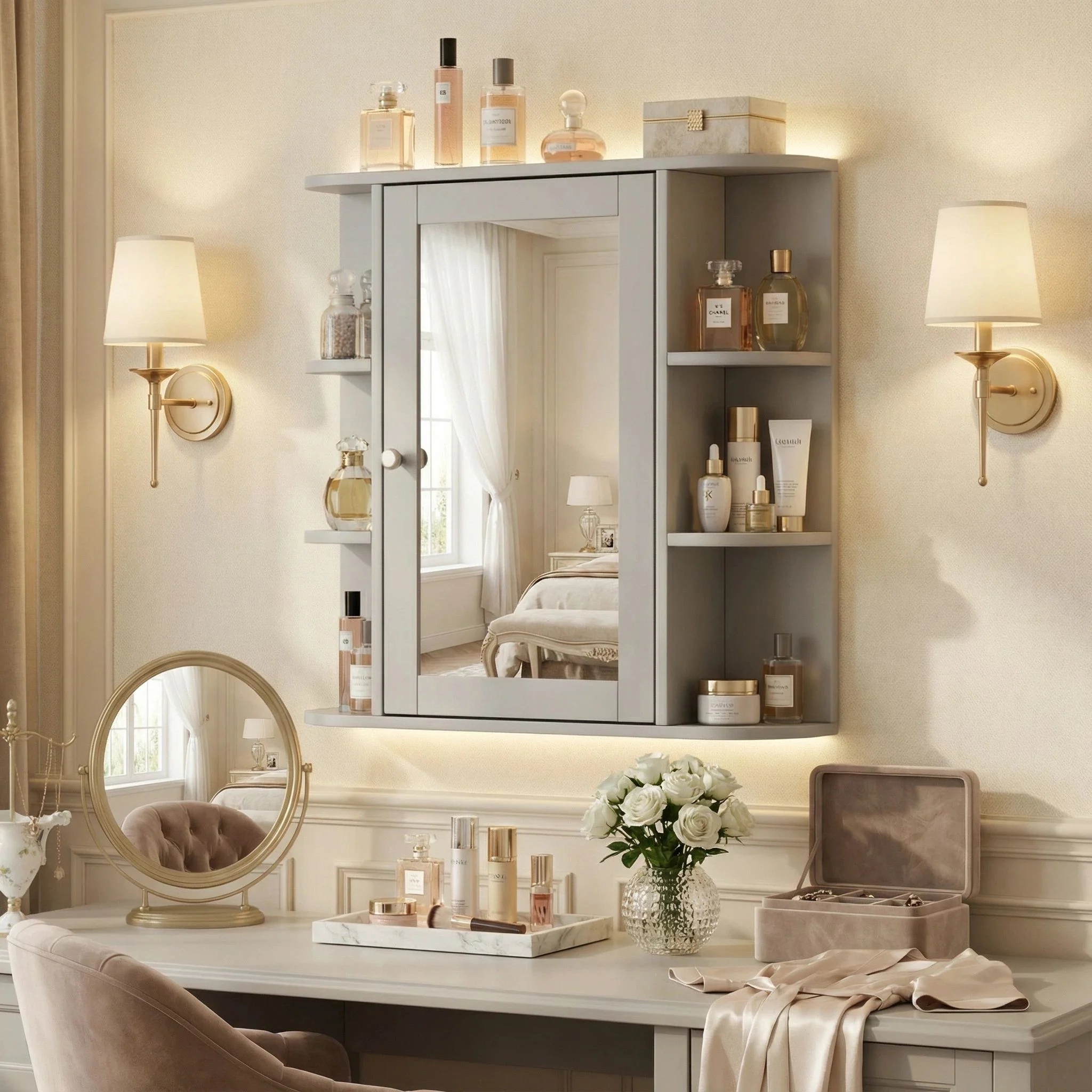 Bathroom Wall Storage Cabinet With Mirror And Adjustable Shelf, 6 Open Shelves - Image 25