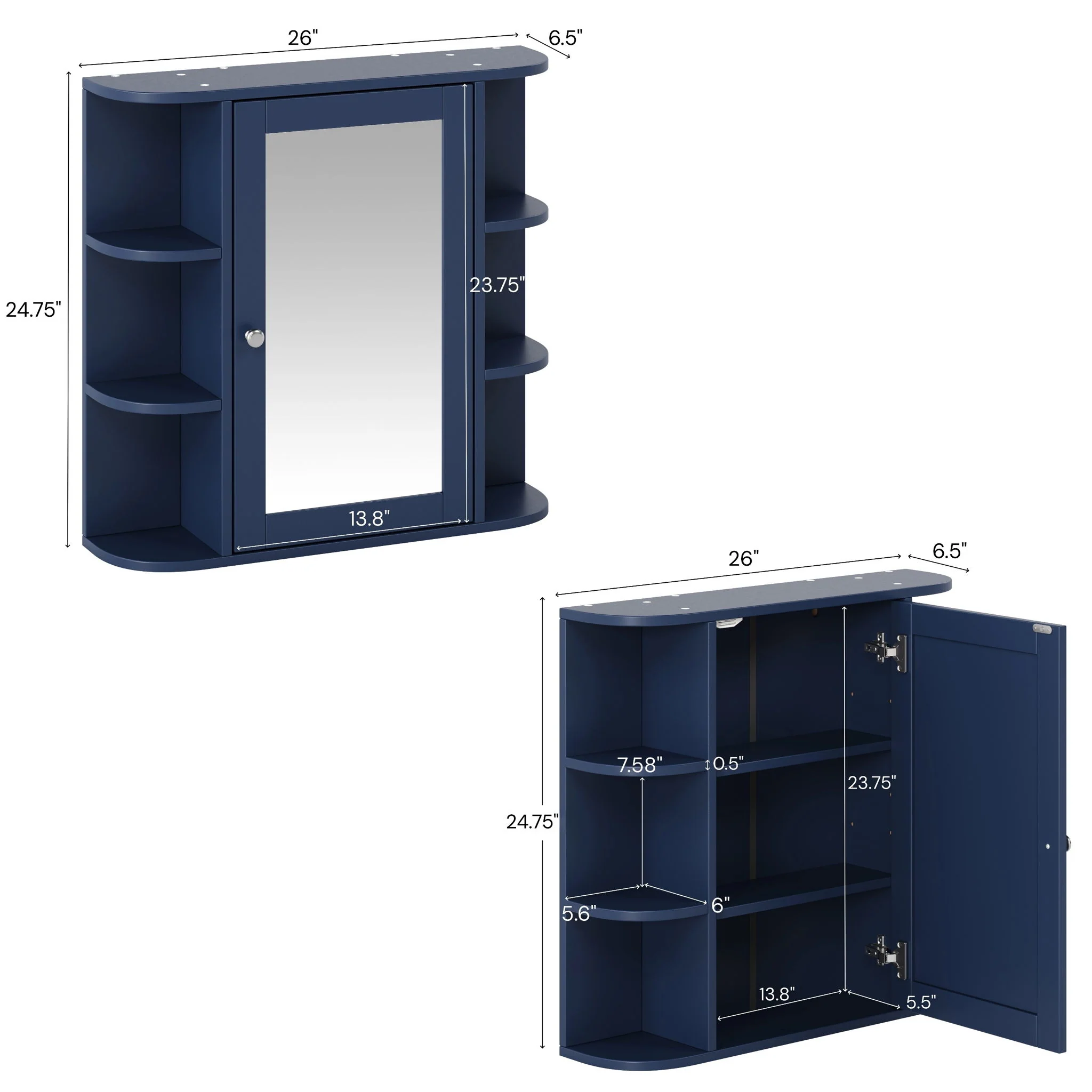 Bathroom Wall Storage Cabinet With Mirror And Adjustable Shelf, 6 Open Shelves - Image 26