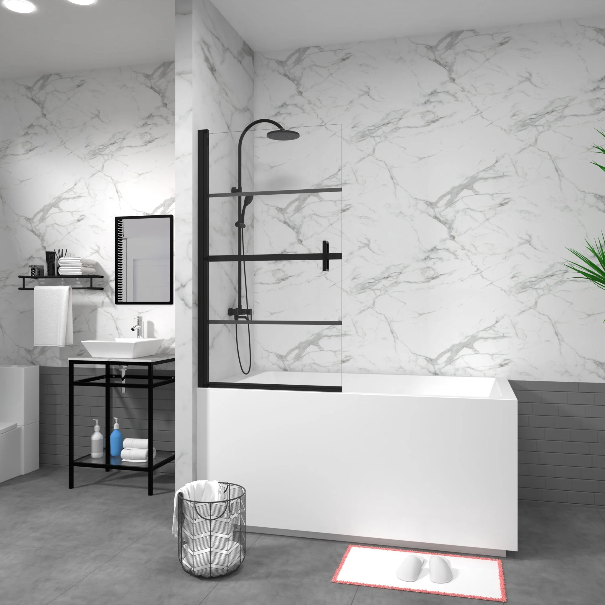 Bathtub Screen Panel Shower Door 180° Pivot - Black - Image 3