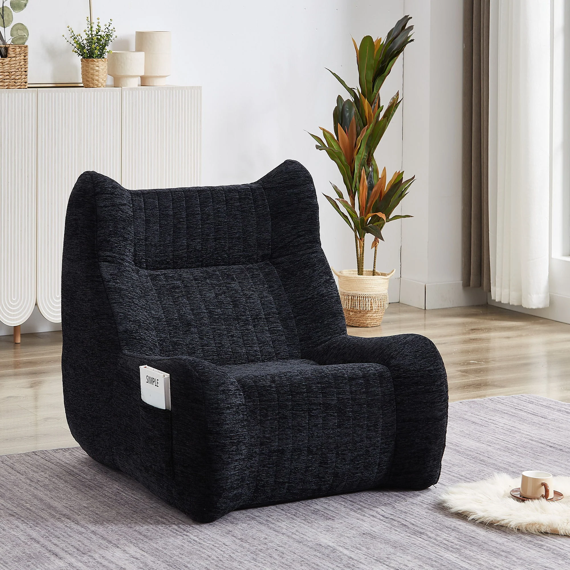 Bean Bag Chair With Armrests Oversized Comfy Beanbag Lounge Lazy Floor Sofa Accent Chair For Living Room - Black - Image 4