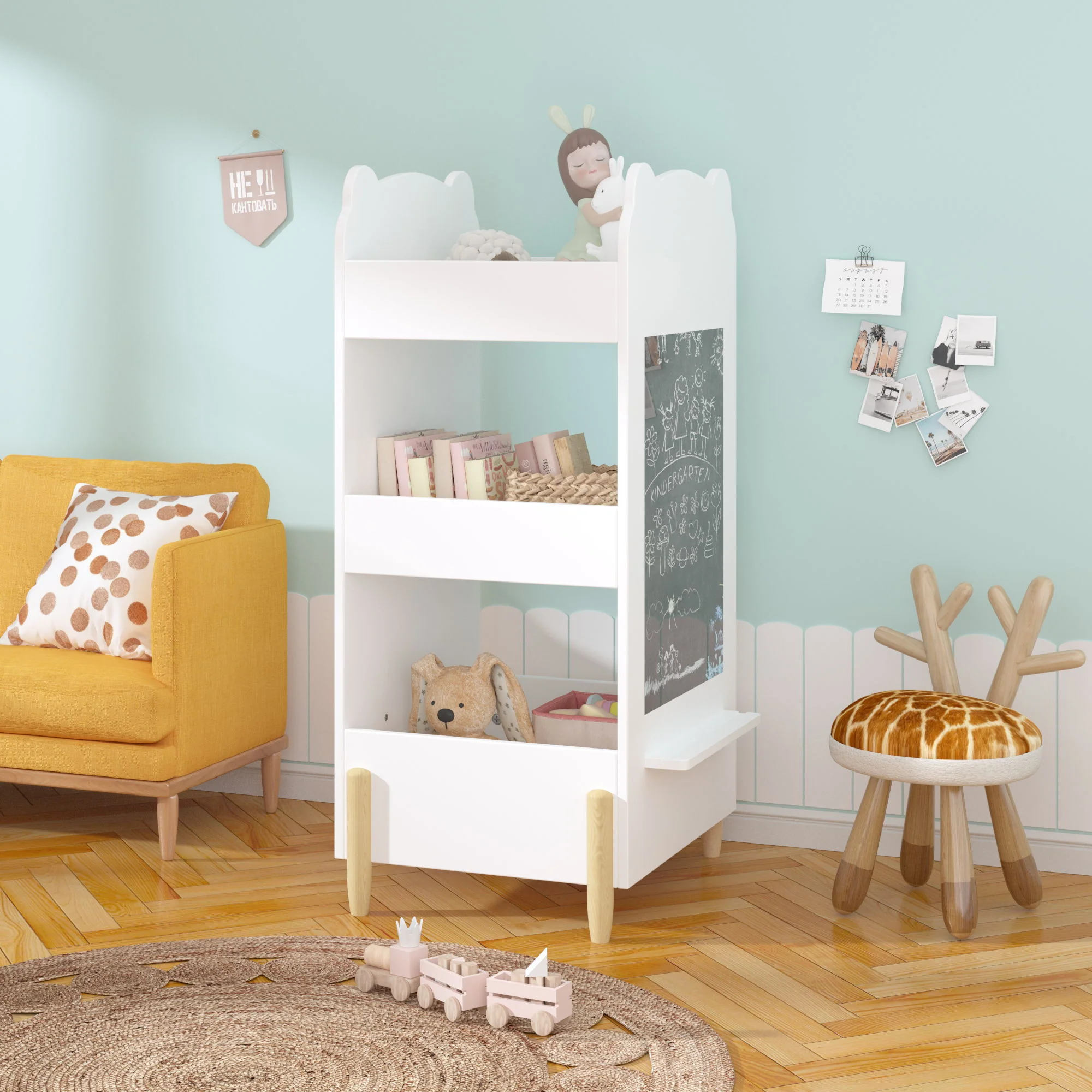Bear Shaped Bookshelf With Chalkboard Side, 3 Tier Storage Organizer For Playroom - White - Image 9